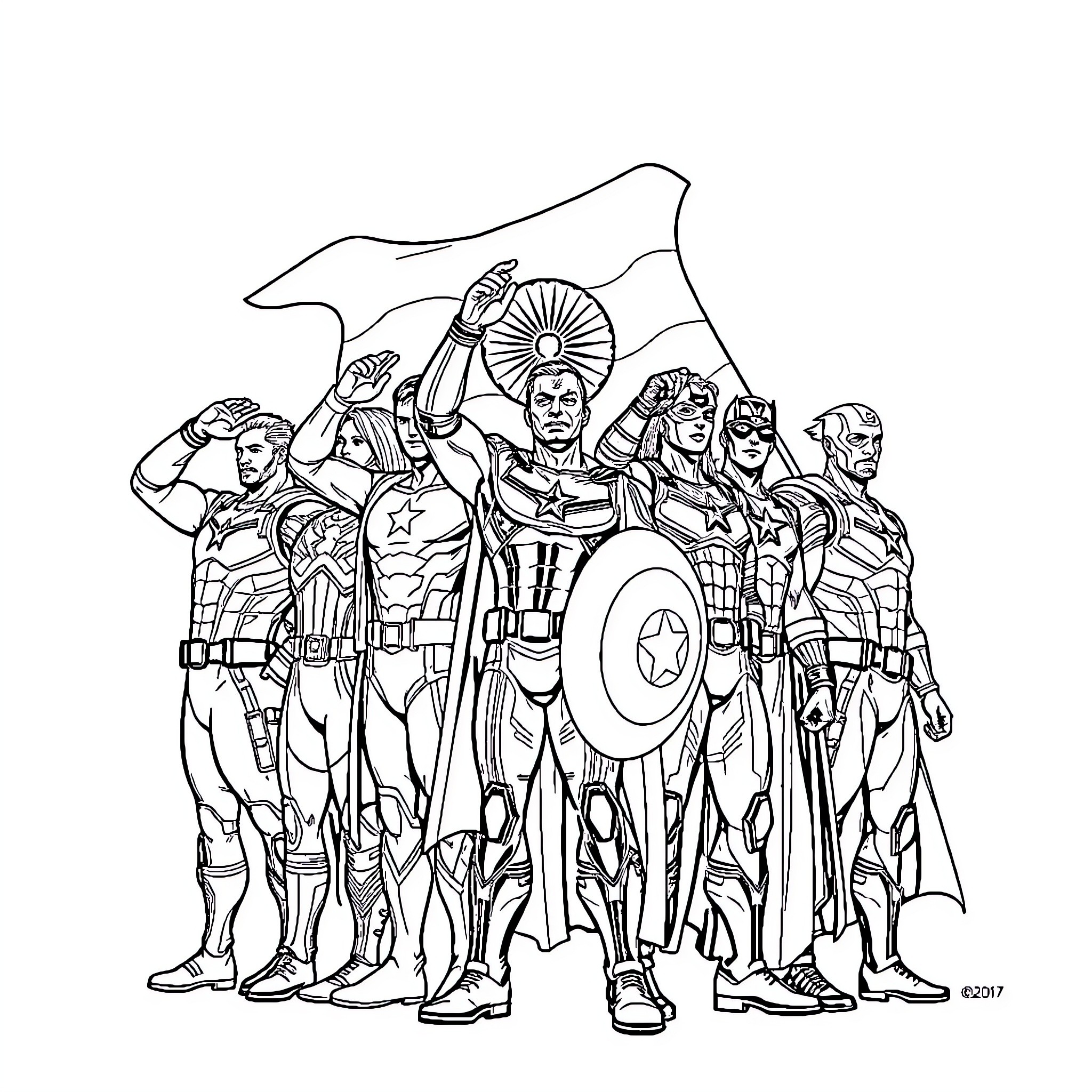 Avengers Assemble in Heroic Poses Coloring Page (free black-and-white line drawing printable PDF for all, from beginners to advanced learners, including children, teens, adults, and seniors)