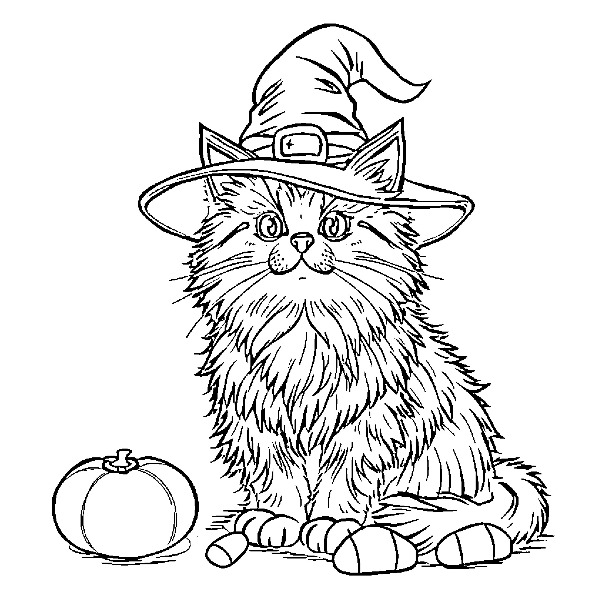Cat in Witch Hat with Pumpkin Coloring Page (free black-and-white line drawing printable PDF for all, from beginners to advanced learners, including children, teens, adults, and seniors)