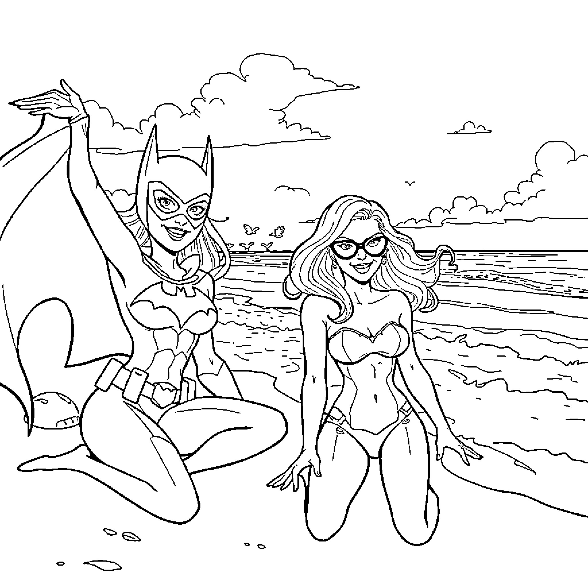 Batgirl and Supergirl enjoying a beach day Coloring Page (free black-and-white line drawing printable PDF for all, from beginners to advanced learners, including children, teens, adults, and seniors)