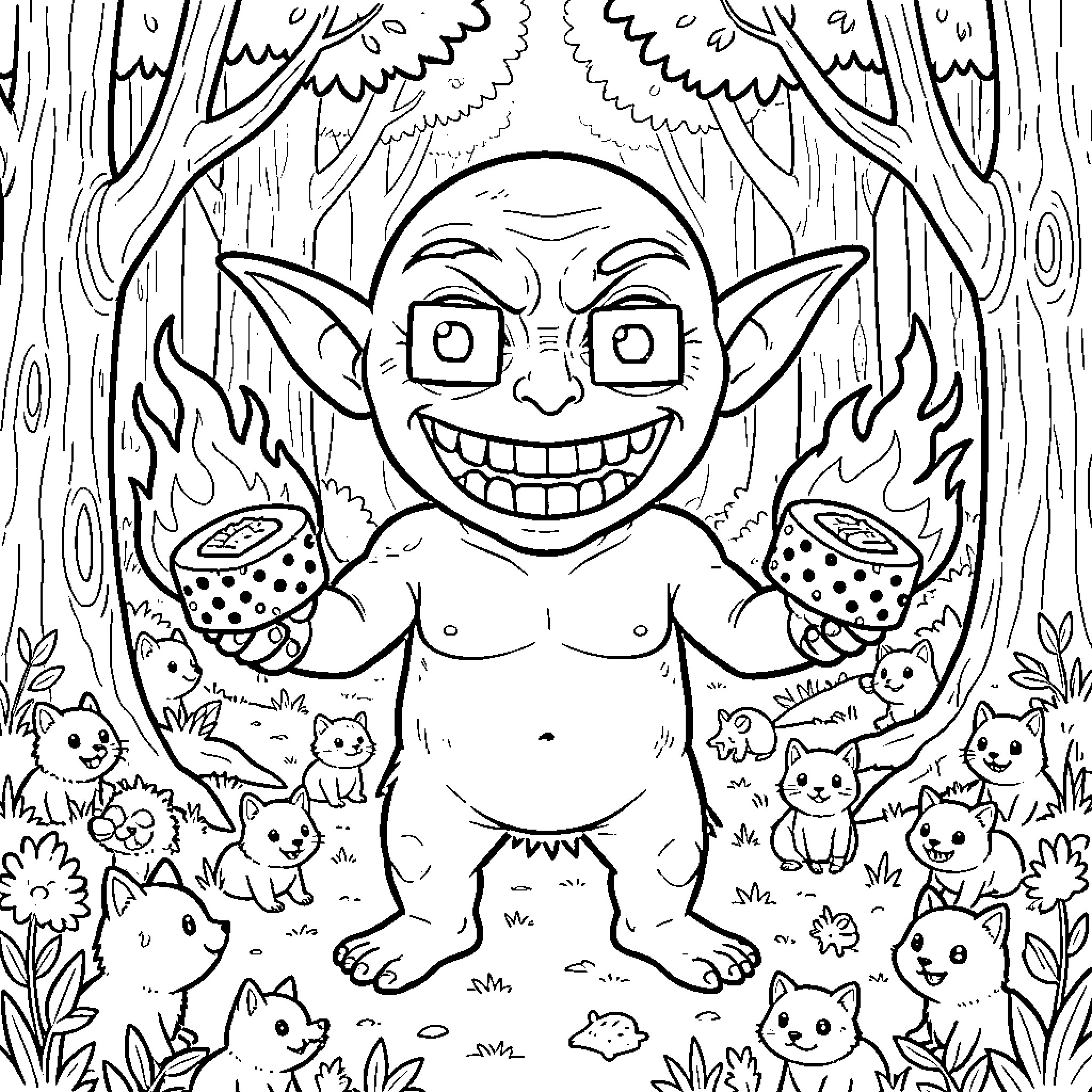 Goblin grinning widely while holding flaming objects Coloring Page (free black-and-white line drawing printable PDF for all, from beginners to advanced learners, including children, teens, adults, and seniors)
