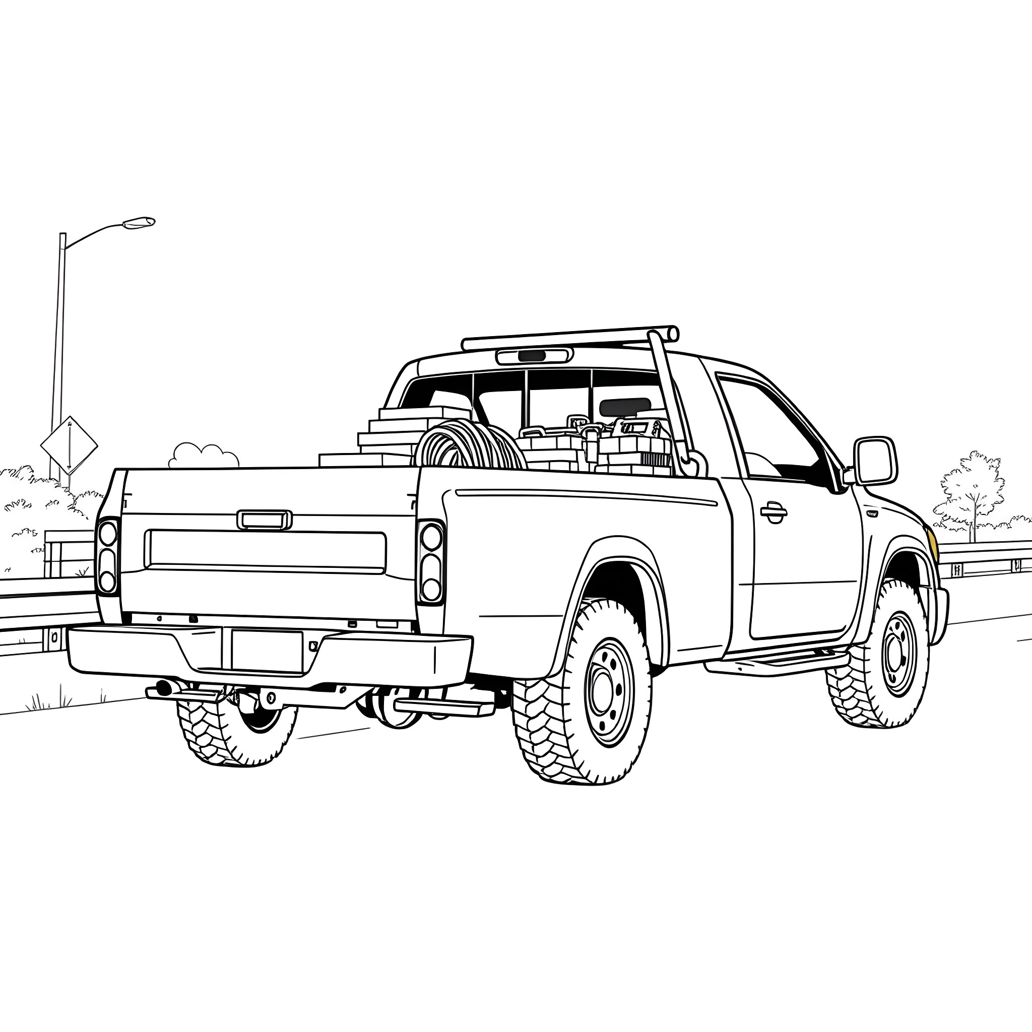 Wrecker Truck Assisting Vehicle on the Road Coloring Page (free black-and-white line drawing printable PDF for all, from beginners to advanced learners, including children, teens, adults, and seniors)