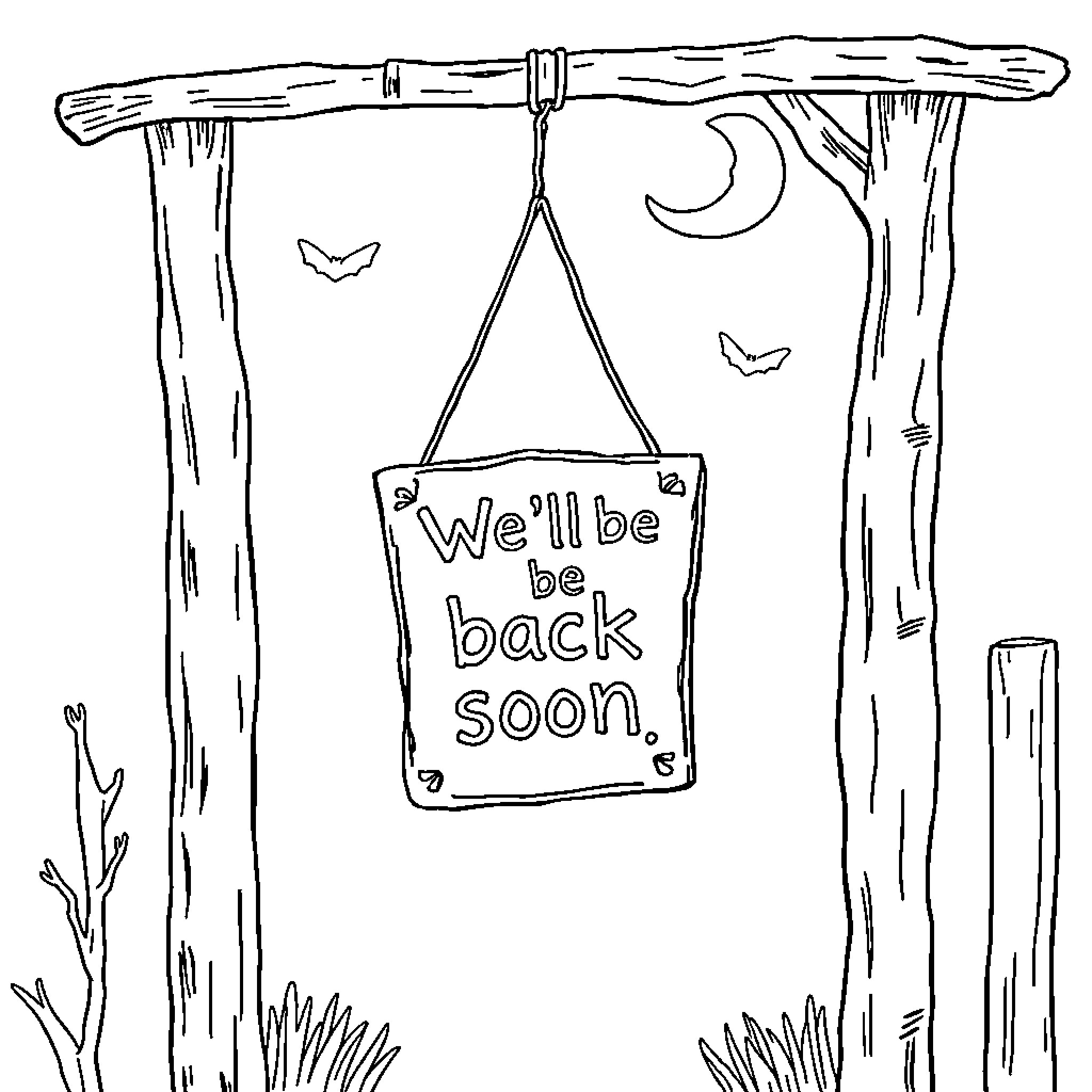 Halloween Sign with Spooky Scene Coloring Page (free black-and-white line drawing printable PDF for all, from beginners to advanced learners, including children, teens, adults, and seniors)