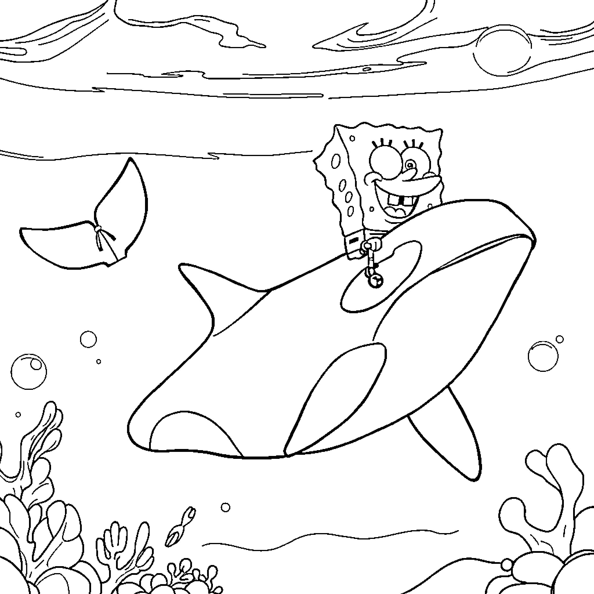 Spongebob surfing happily with fish underwater Coloring Page (free black-and-white line drawing printable PDF for all, from beginners to advanced learners, including children, teens, adults, and seniors)