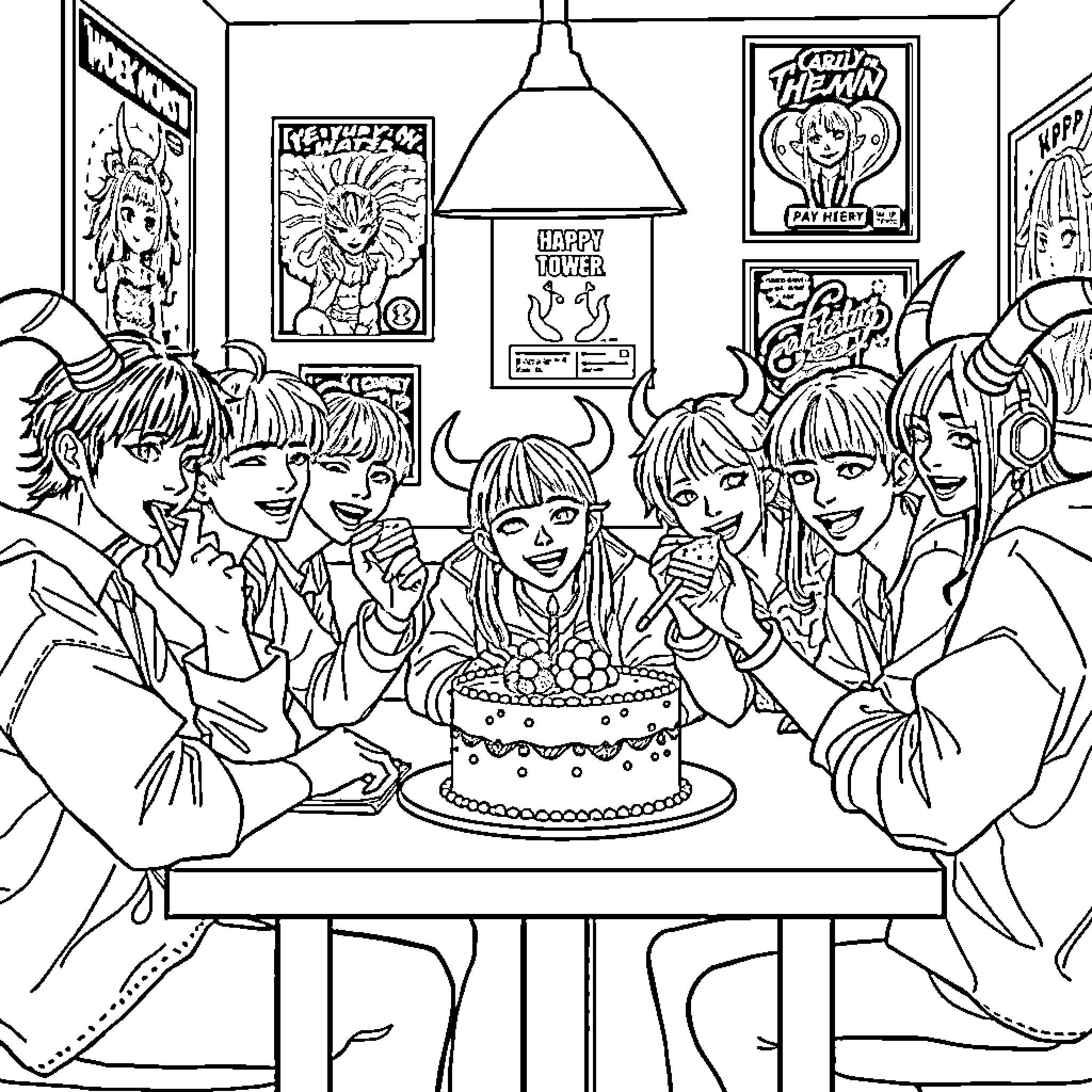 Demon Hunter's Birthday Celebration with Friends Coloring Page (free black-and-white line drawing printable PDF for all, from beginners to advanced learners, including children, teens, adults, and seniors)