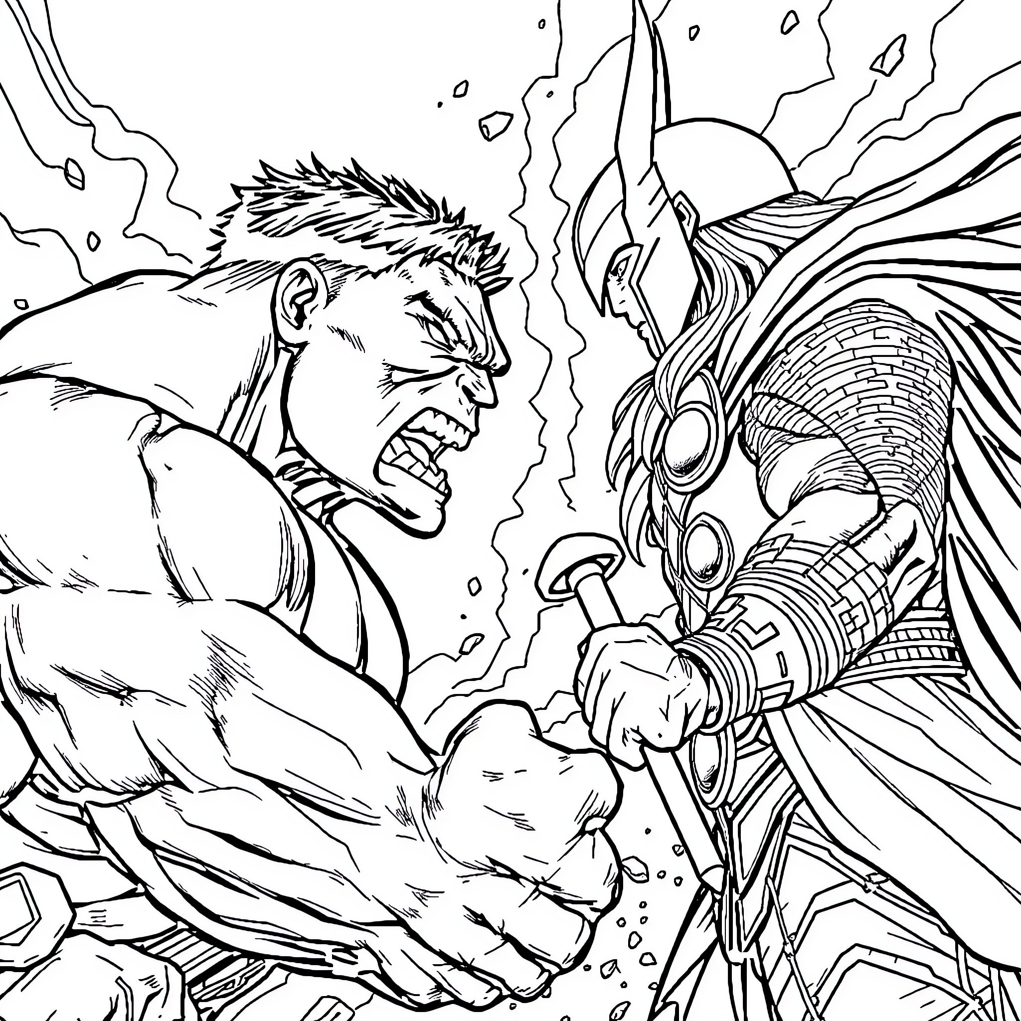 Hulk battling a powerful armored warrior Coloring Page (free black-and-white line drawing printable PDF for all, from beginners to advanced learners, including children, teens, adults, and seniors)