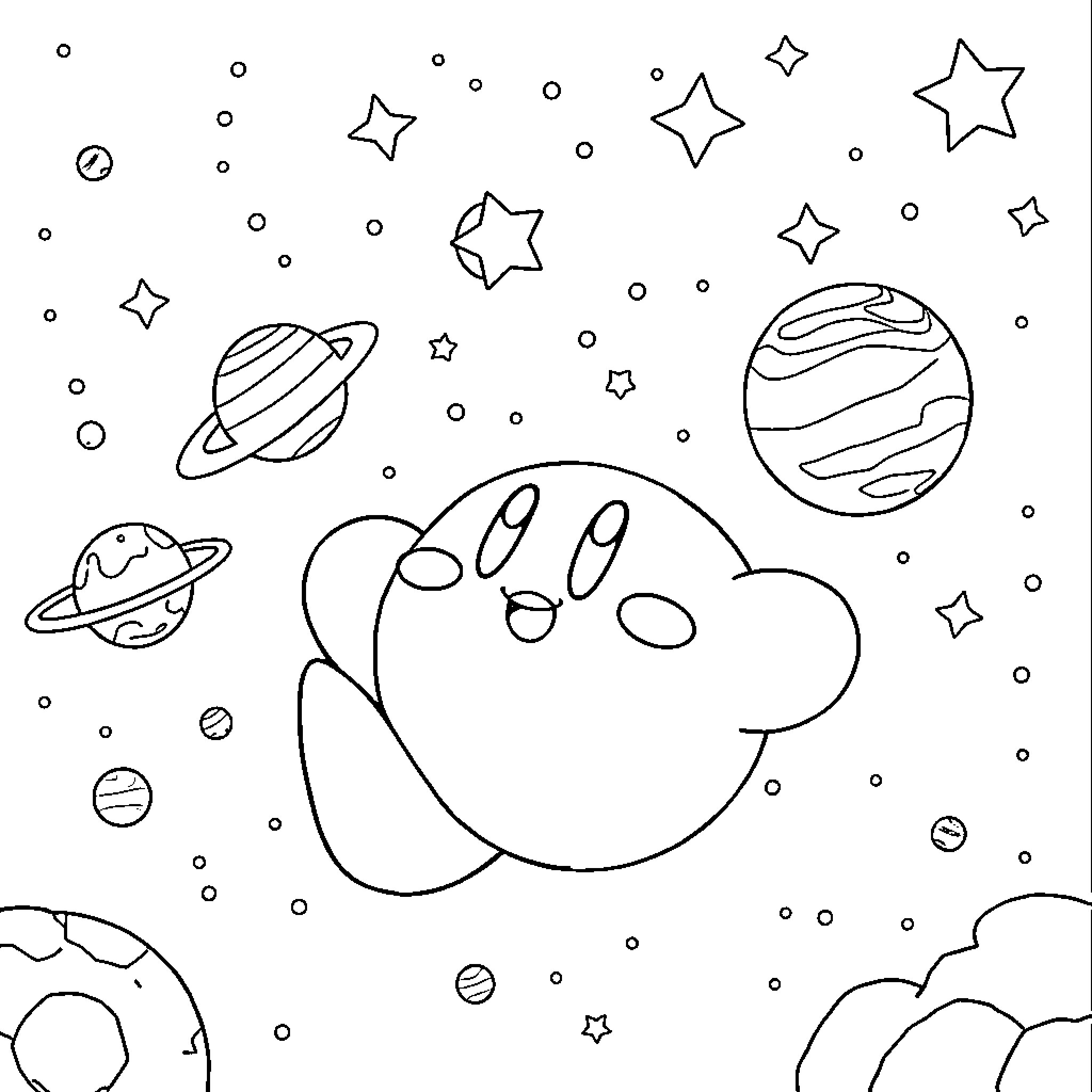 Kirby in a cosmic adventure Coloring Page (free black-and-white line drawing printable PDF for all, from beginners to advanced learners, including children, teens, adults, and seniors)