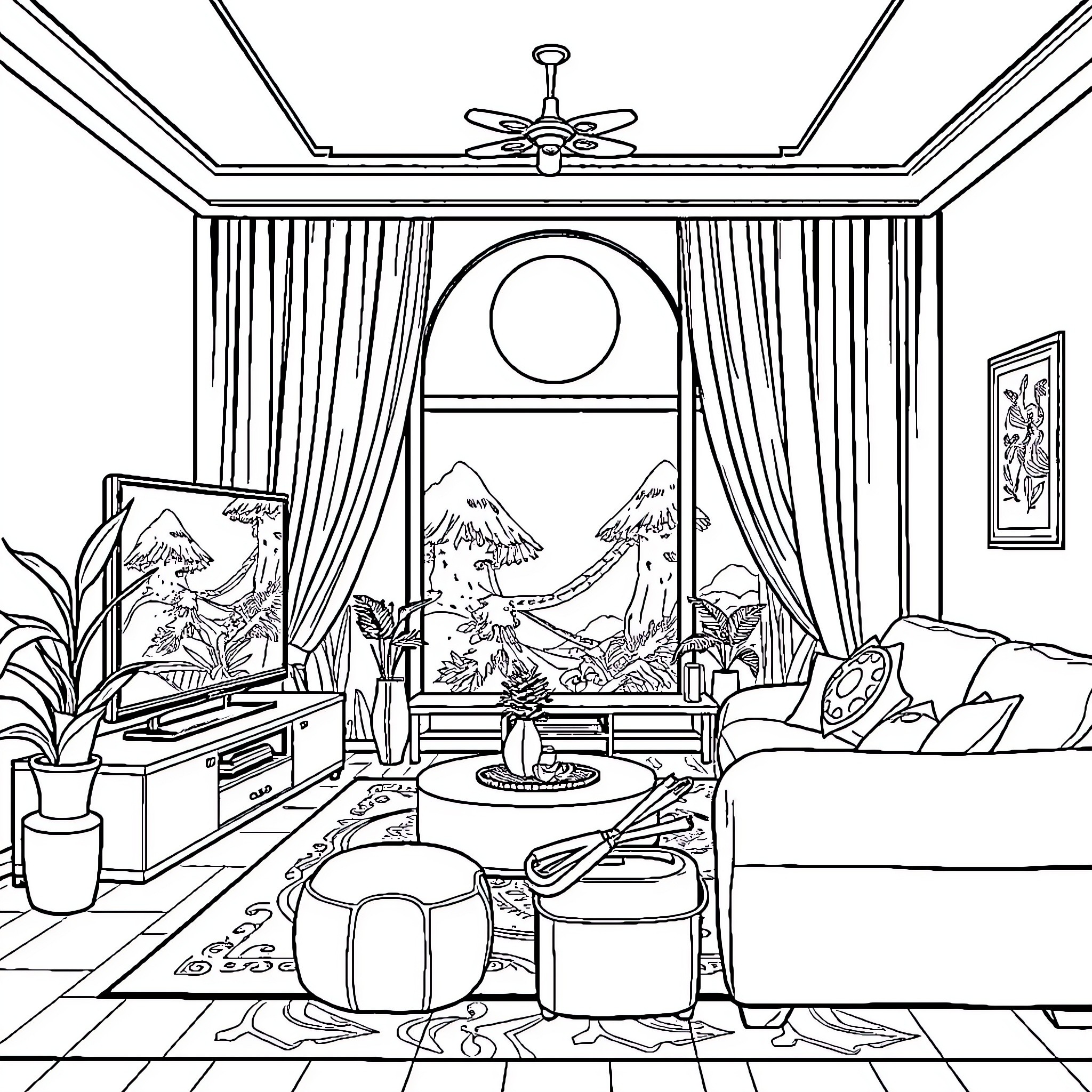 TV Cozy Living Room with Scenic Window Coloring Page (free black-and-white line drawing printable PDF for all, from beginners to advanced learners, including children, teens, adults, and seniors)