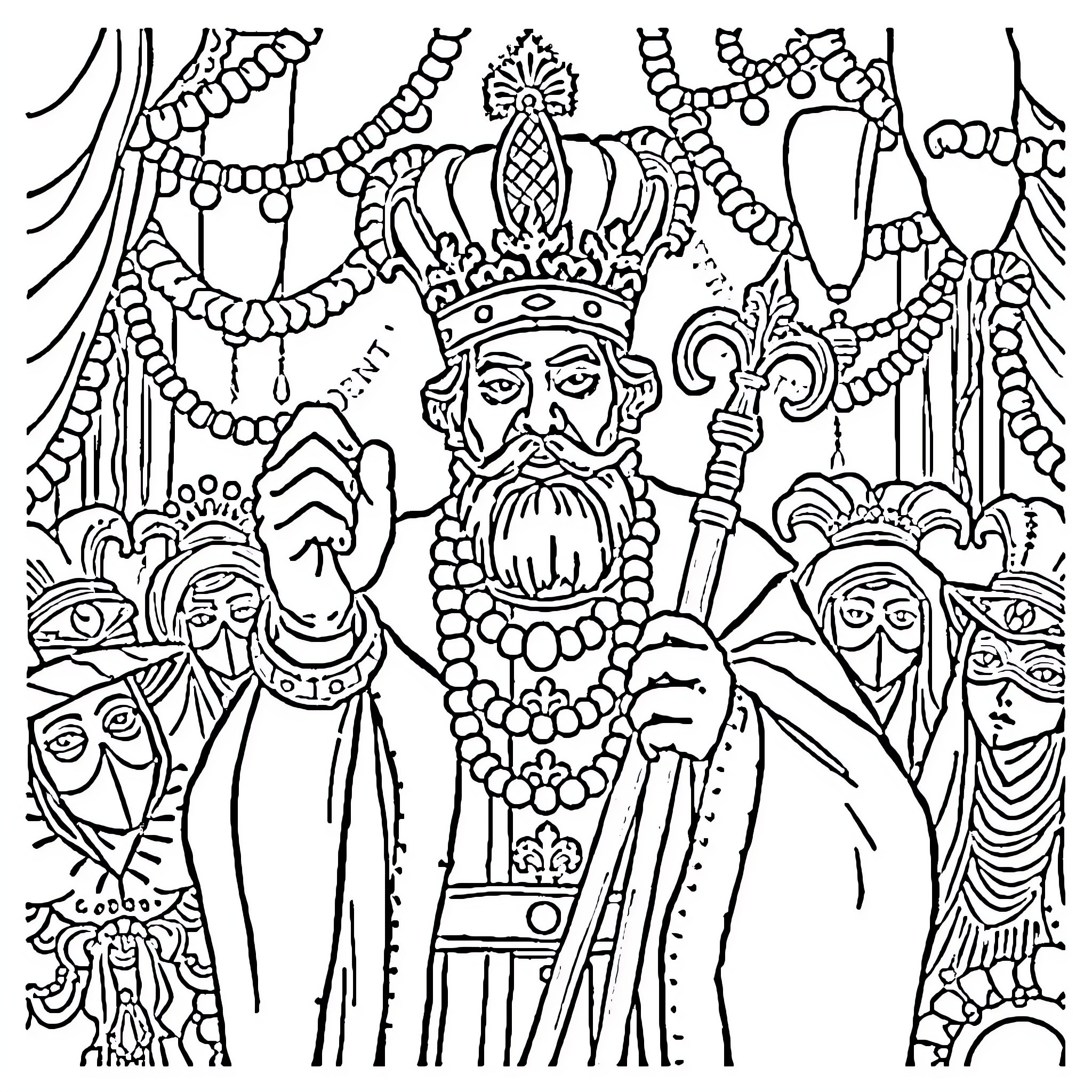Mardi Gras King with Ornate Attire and Crowd Coloring Page (free black-and-white line drawing printable PDF for all, from beginners to advanced learners, including children, teens, adults, and seniors)
