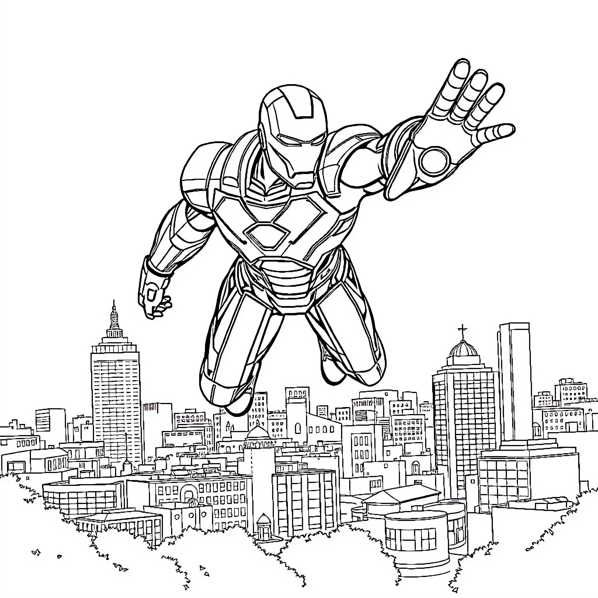 Iron Man soaring over the city skyline Coloring Page (free black-and-white line drawing printable PDF for all, from beginners to advanced learners, including children, teens, adults, and seniors)