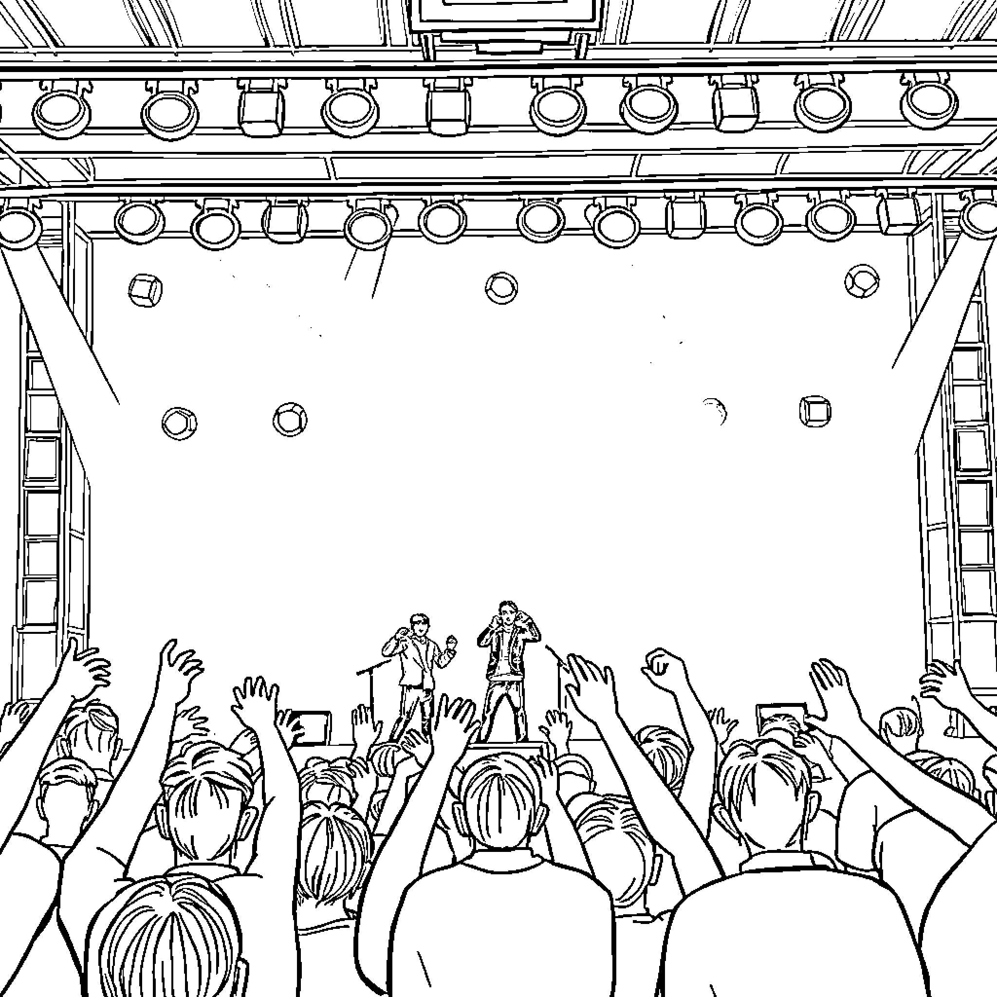 BTS Performing on Stage with Enthusiastic Crowd Coloring Page (free black-and-white line drawing printable PDF for all, from beginners to advanced learners, including children, teens, adults, and seniors)