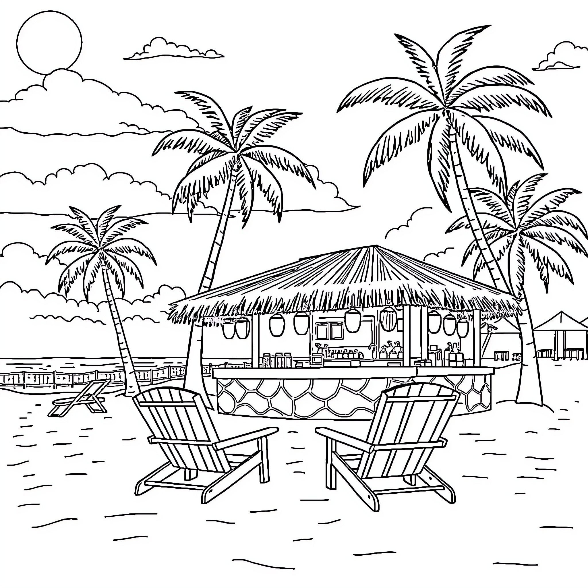 Beach with Tropical Hut and Lounge Chairs Coloring Page (free black-and-white line drawing printable PDF for all, from beginners to advanced learners, including children, teens, adults, and seniors)