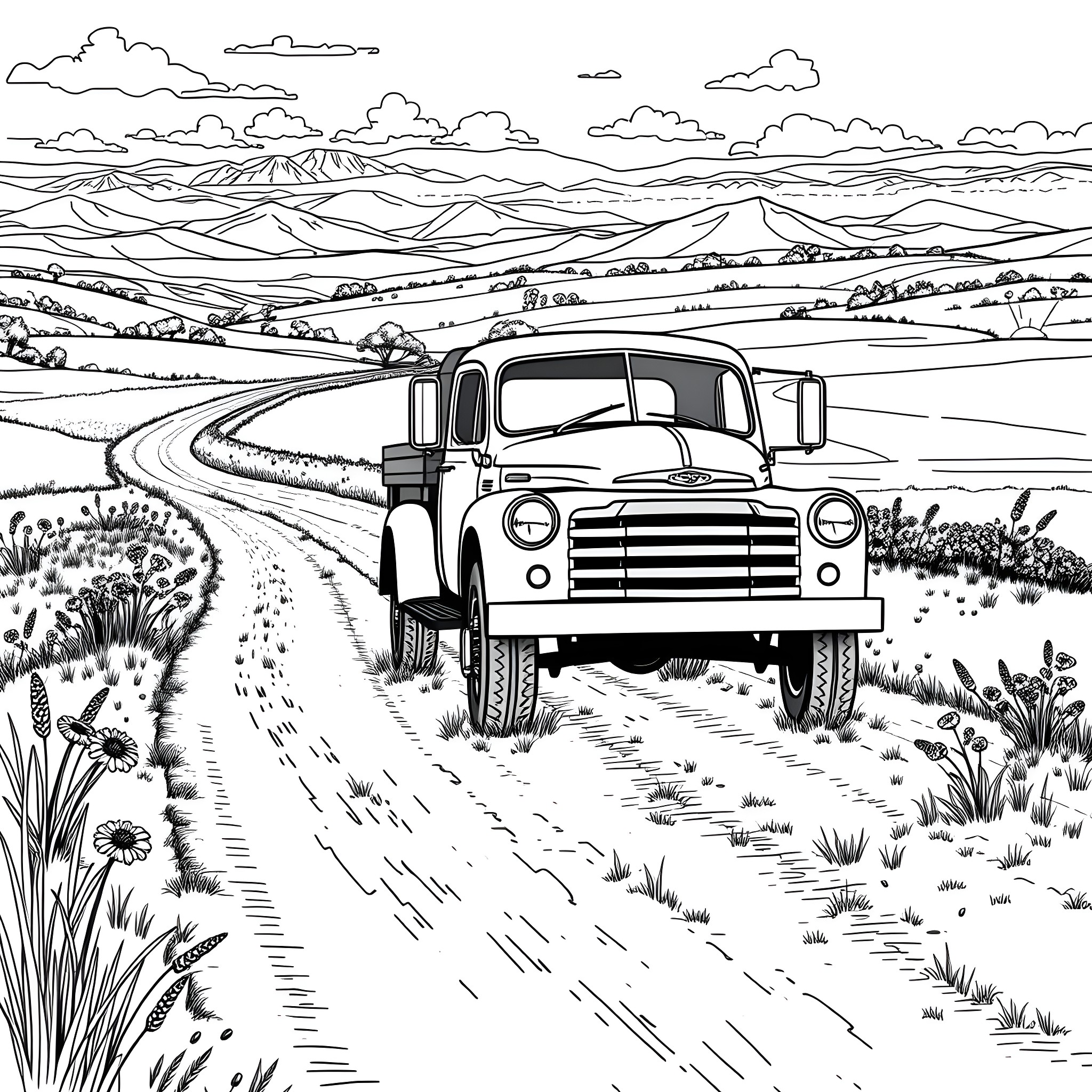 Truck on a countryside road through a hilly landscape Coloring Page (free black-and-white line drawing printable PDF for all, from beginners to advanced learners, including children, teens, adults, and seniors)