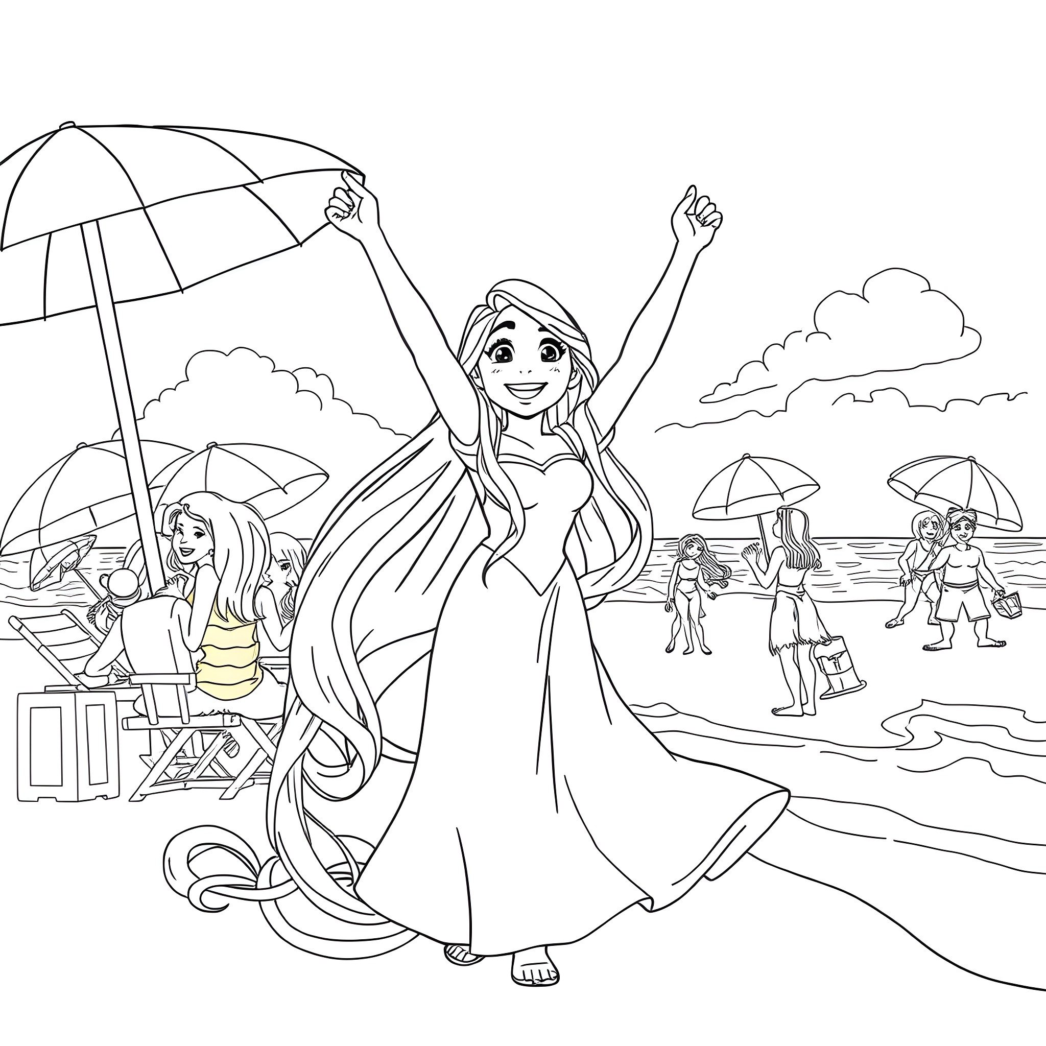 Rapunzel's Beach Day with Friends Coloring Page (free black-and-white line drawing printable PDF for all, from beginners to advanced learners, including children, teens, adults, and seniors)