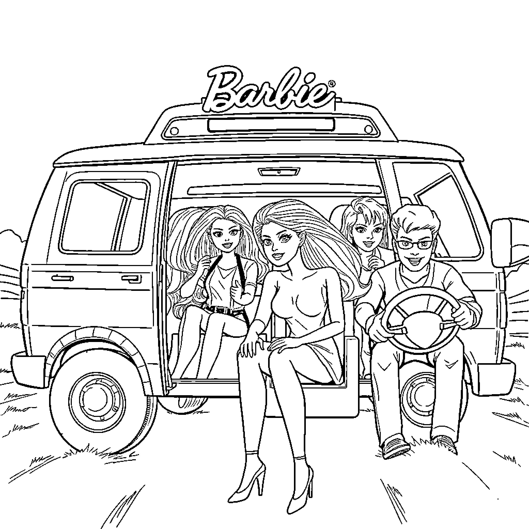 Barbie and friends going on an adventure Coloring Page (free black-and-white line drawing printable PDF for all, from beginners to advanced learners, including children, teens, adults, and seniors)