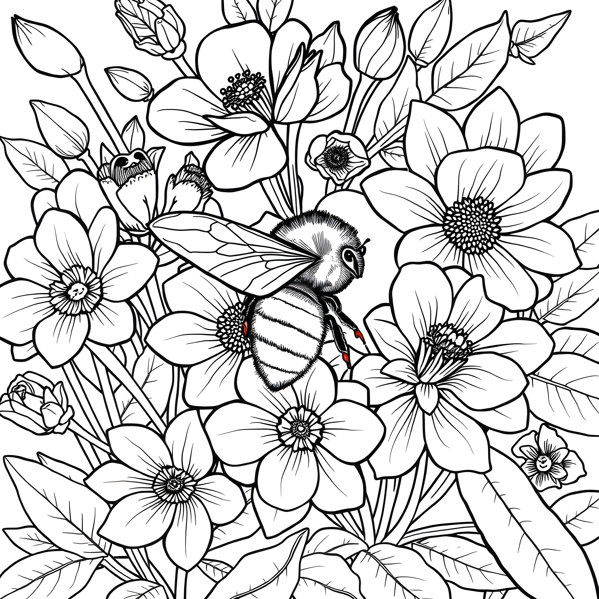 Bee surrounded by blooming flowers Coloring Page (free black-and-white line drawing printable PDF for all, from beginners to advanced learners, including children, teens, adults, and seniors)