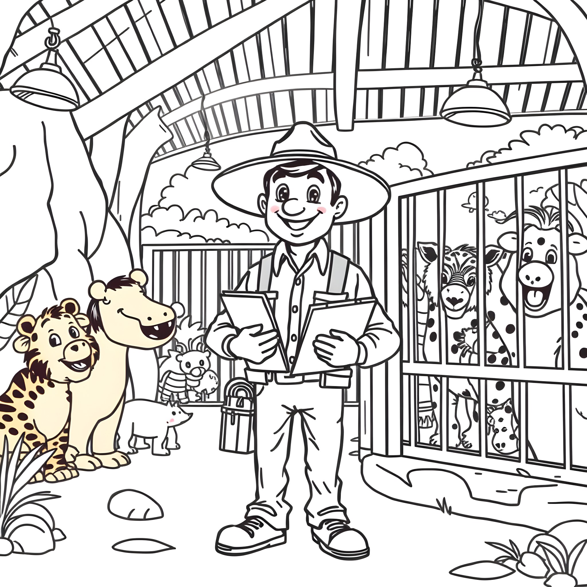 Zookeeper interacting with animals in the zoo enclosure Coloring Page (free black-and-white line drawing printable PDF for all, from beginners to advanced learners, including children, teens, adults, and seniors)