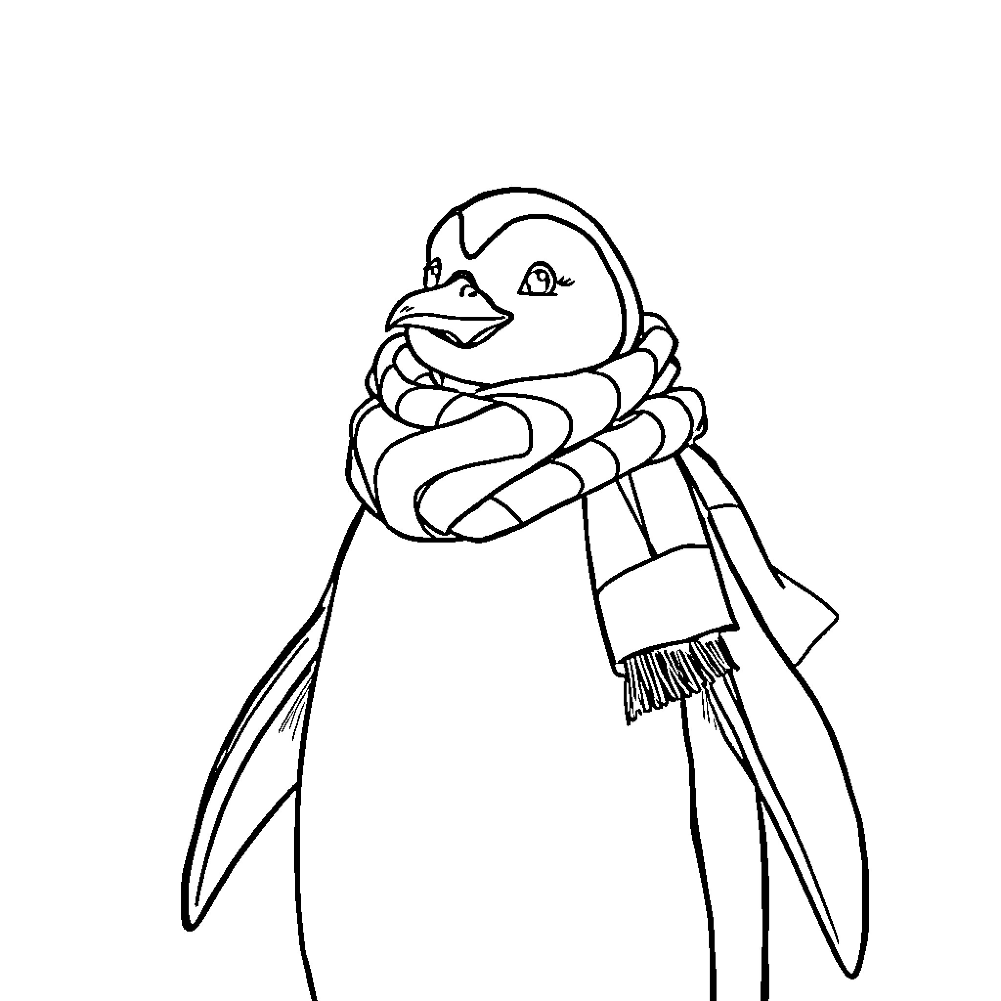Penguin wrapped in warm scarf Coloring Page (free black-and-white line drawing printable PDF for all, from beginners to advanced learners, including children, teens, adults, and seniors)