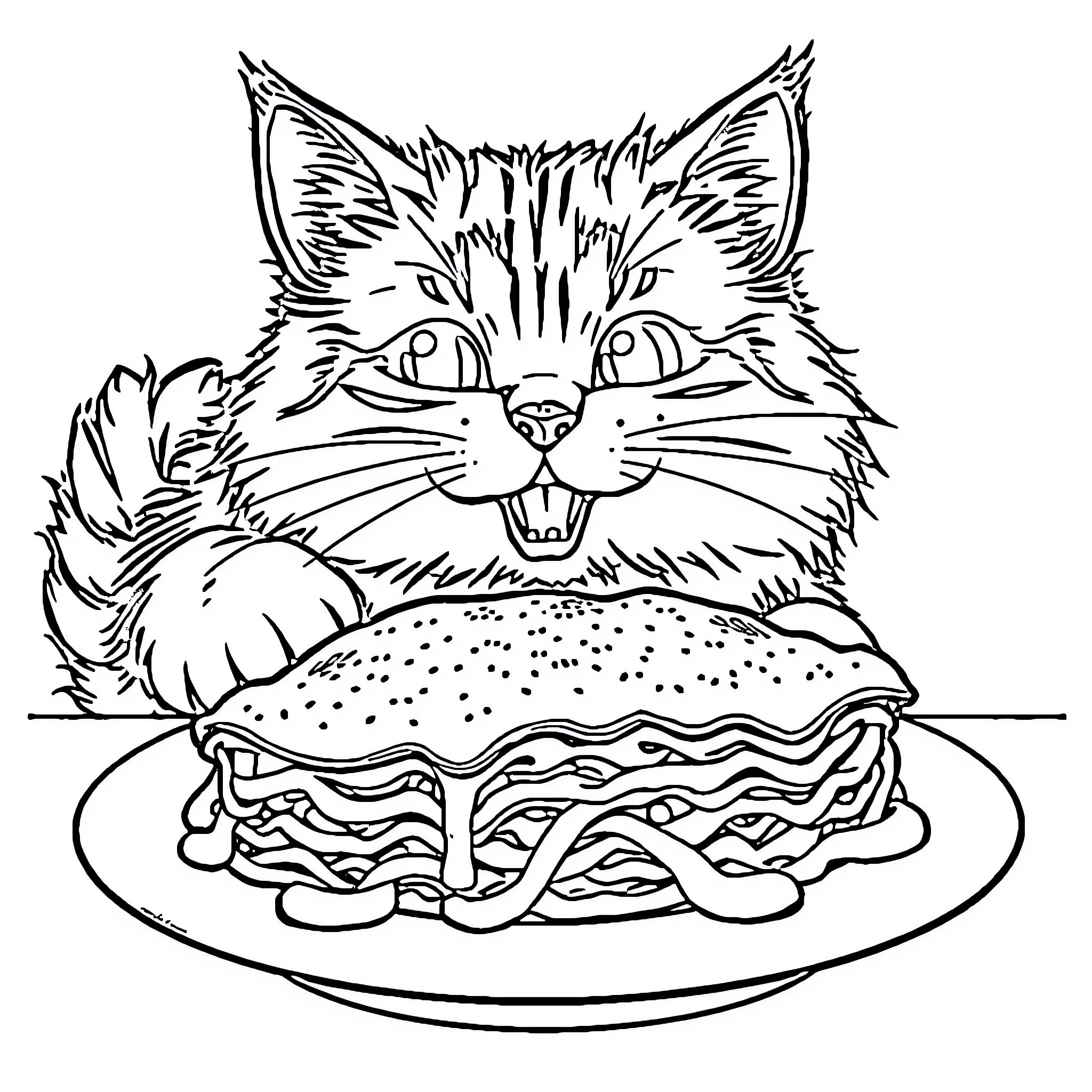 Cat Devouring a Delicious Sandwich Coloring Page (free black-and-white line drawing printable PDF for all, from beginners to advanced learners, including children, teens, adults, and seniors)