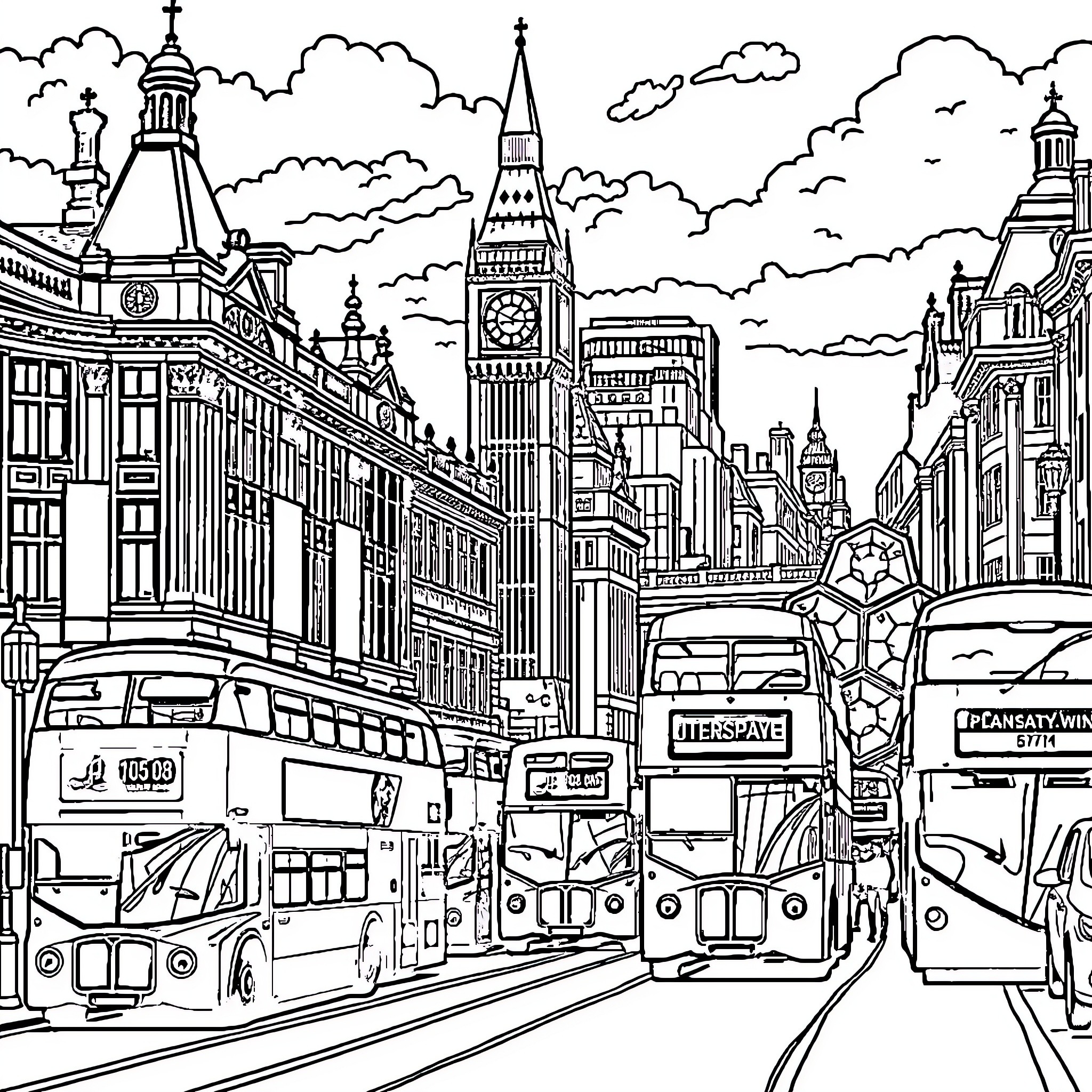 London cityscape with bustling streets and iconic landmarks Coloring Page (free black-and-white line drawing printable PDF for all, from beginners to advanced learners, including children, teens, adults, and seniors)