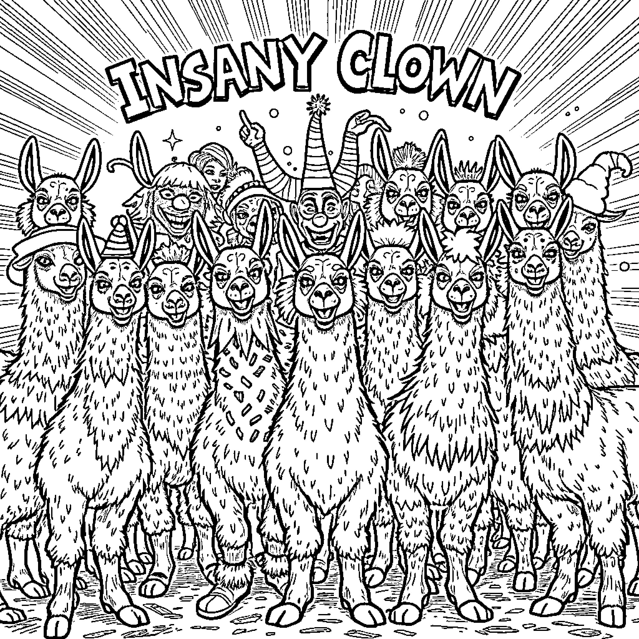 Clown Chaos with Crazy Animal Companions Coloring Page (free black-and-white line drawing printable PDF for all, from beginners to advanced learners, including children, teens, adults, and seniors)