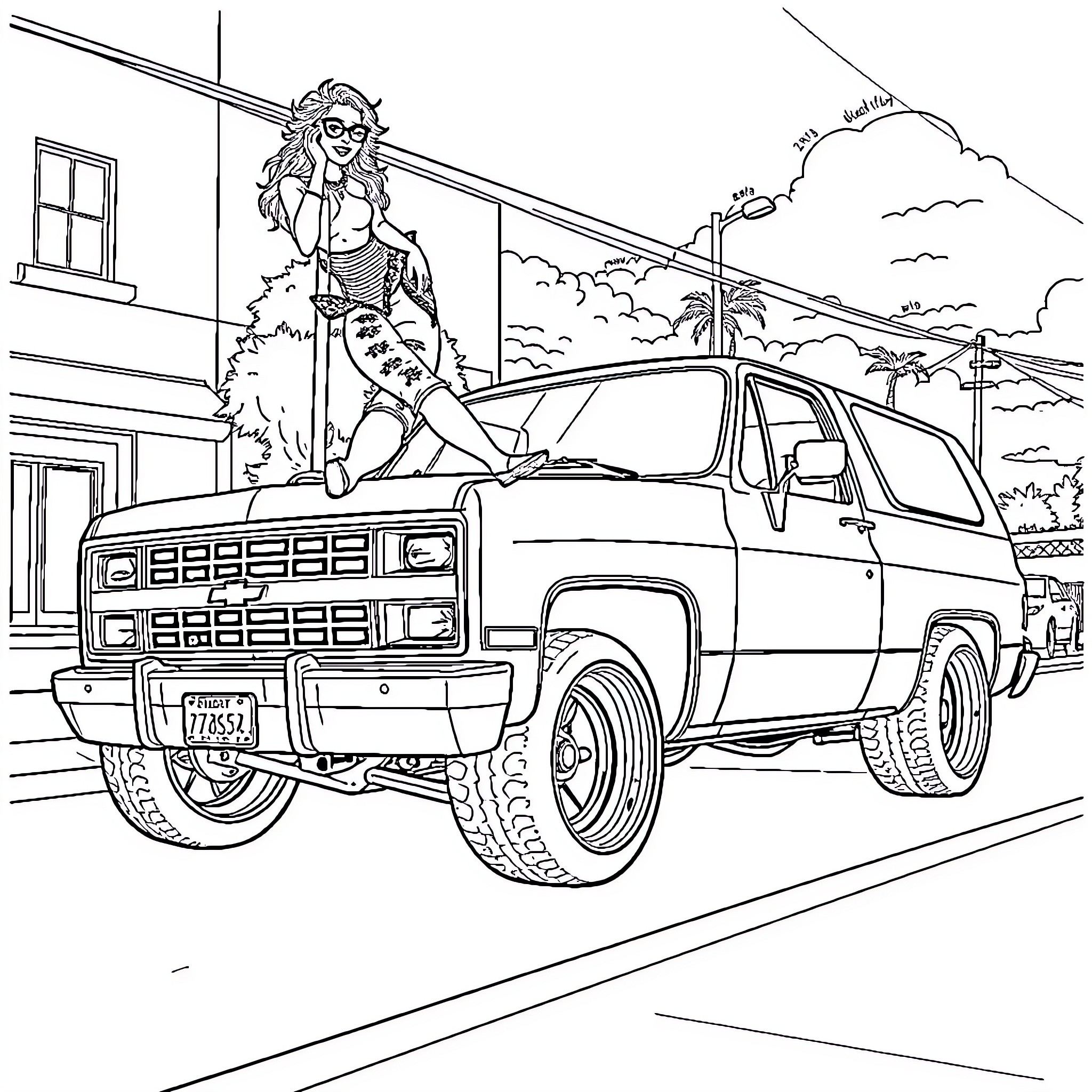 Chevy Blazer parked in urban scene with person Coloring Page (free black-and-white line drawing printable PDF for all, from beginners to advanced learners, including children, teens, adults, and seniors)