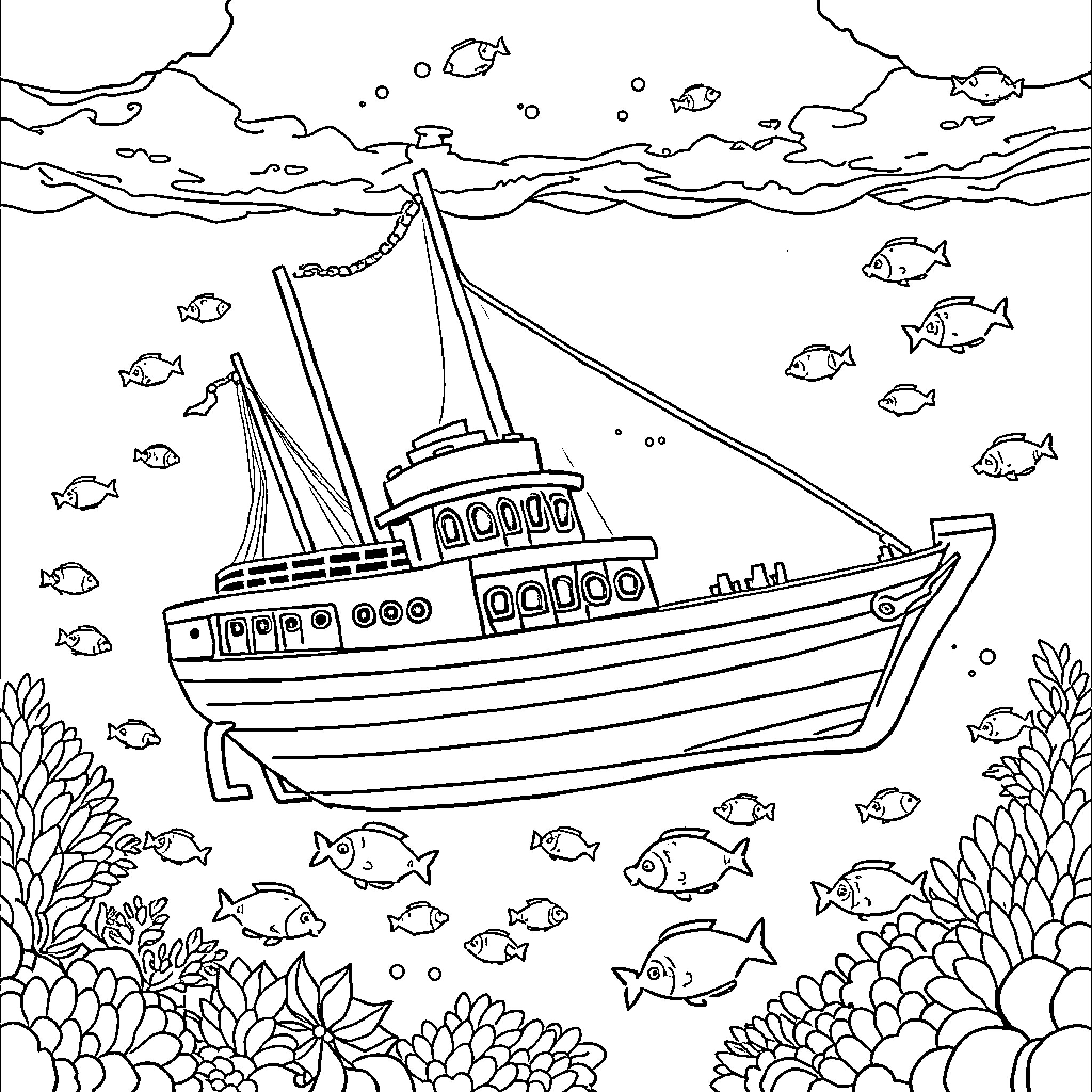 Ship Sailing Through Underwater Underwater Ocean Scenery Coloring Page (free black-and-white line drawing printable PDF for all, from beginners to advanced learners, including children, teens, adults, and seniors)
