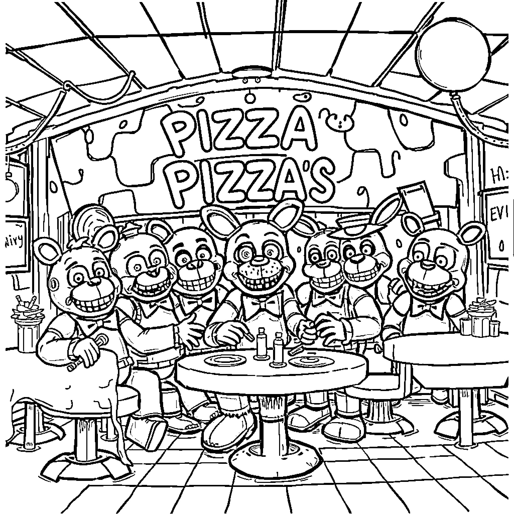 Five Nights At Freddy's: Animatronics Enjoying Pizza at Pizzeria Coloring Page (free black-and-white line drawing printable PDF for all, from beginners to advanced learners, including children, teens, adults, and seniors)