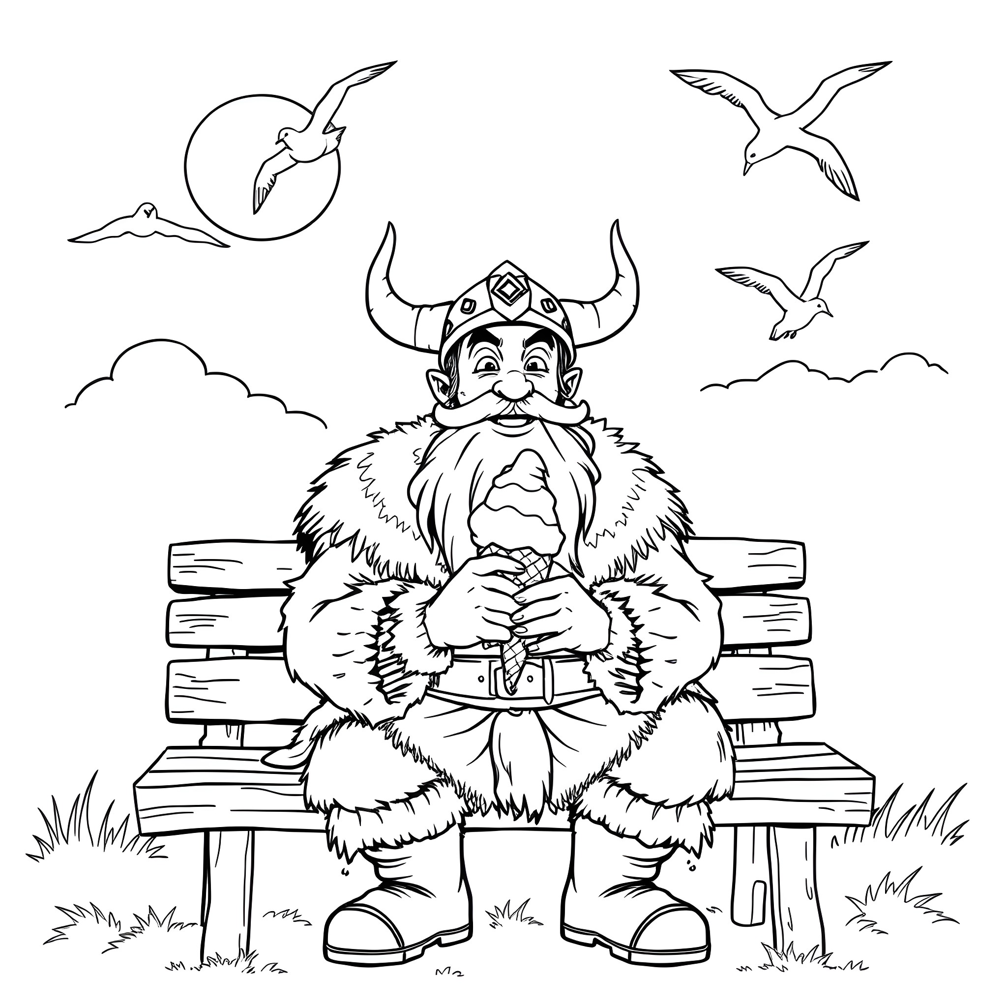 Viking relaxing on a bench amid nature Coloring Page (free black-and-white line drawing printable PDF for all, from beginners to advanced learners, including children, teens, adults, and seniors)