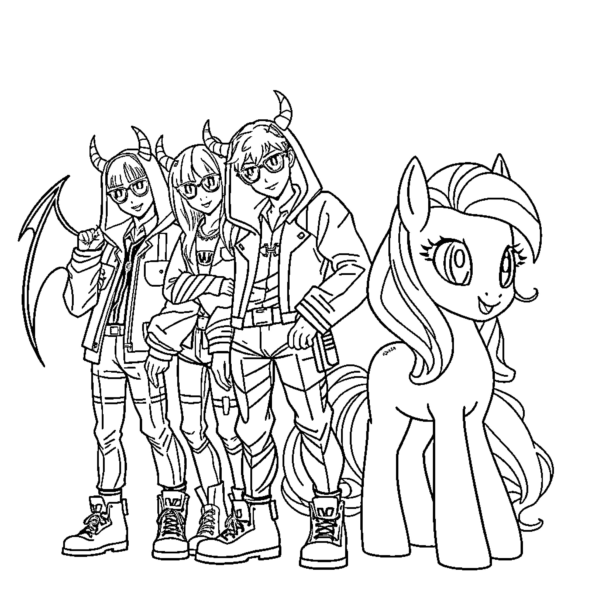 Demon Hunter Friends Prepare for Adventure Coloring Page (free black-and-white line drawing printable PDF for all, from beginners to advanced learners, including children, teens, adults, and seniors)