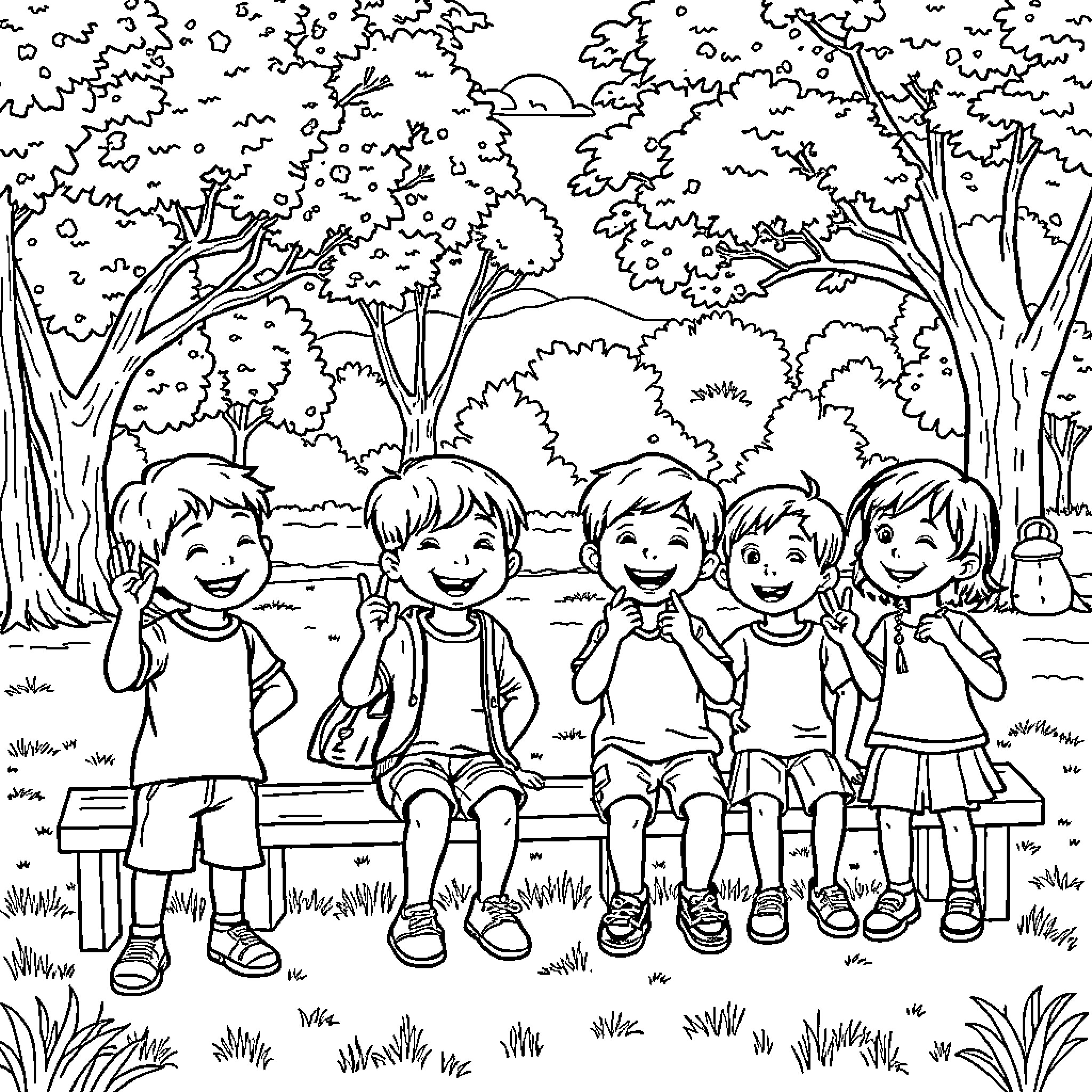 Sign Language Children Playing Joyfully Outdoors Coloring Page (free black-and-white line drawing printable PDF for all, from beginners to advanced learners, including children, teens, adults, and seniors)