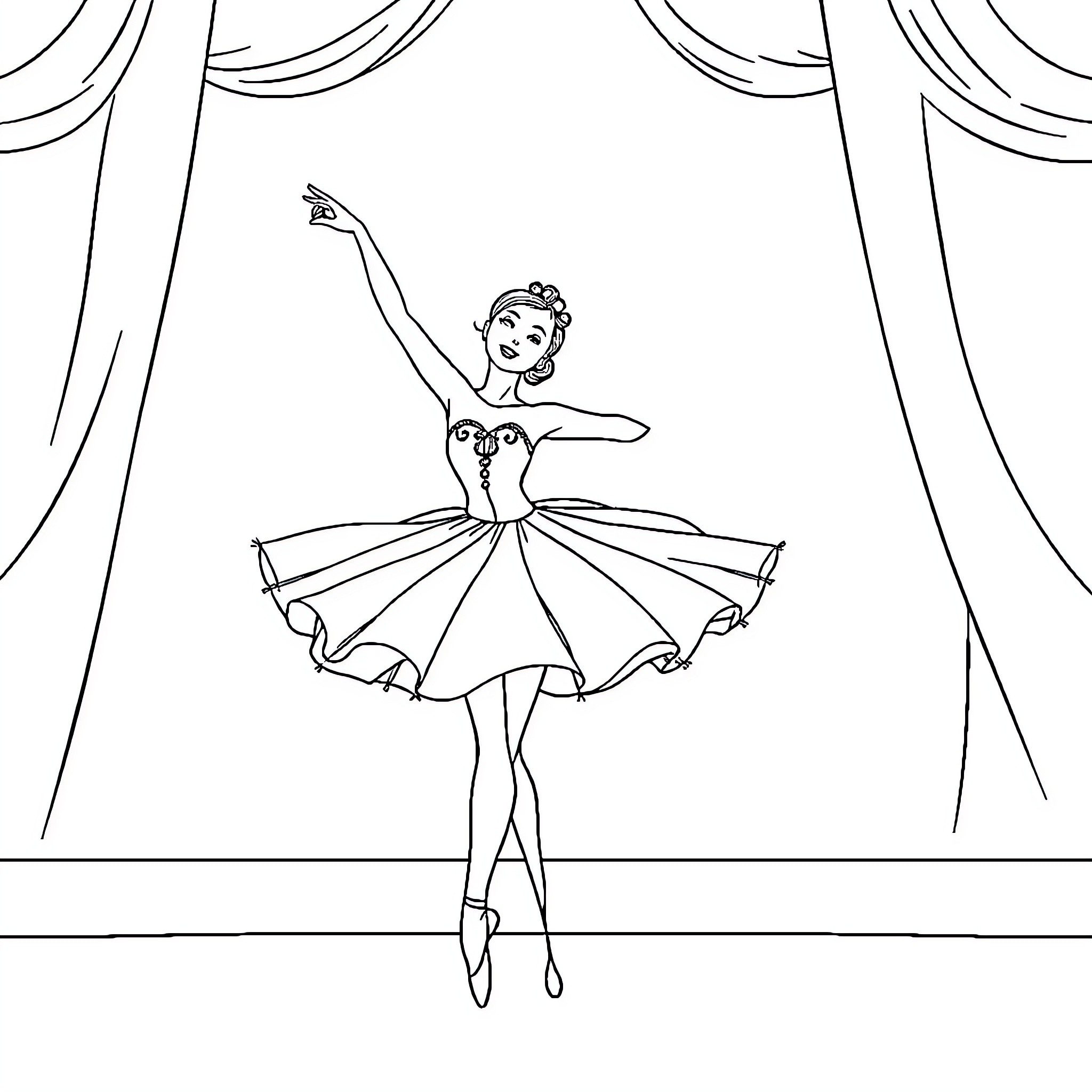 Ballerina performing graceful dance on stage Coloring Page (free black-and-white line drawing printable PDF for all, from beginners to advanced learners, including children, teens, adults, and seniors)