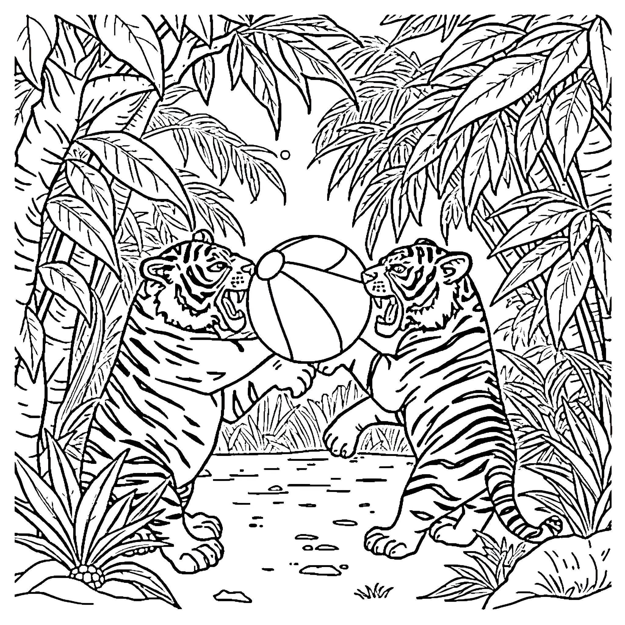 Tigers playing with beach ball in jungle scenery Coloring Page (free black-and-white line drawing printable PDF for all, from beginners to advanced learners, including children, teens, adults, and seniors)