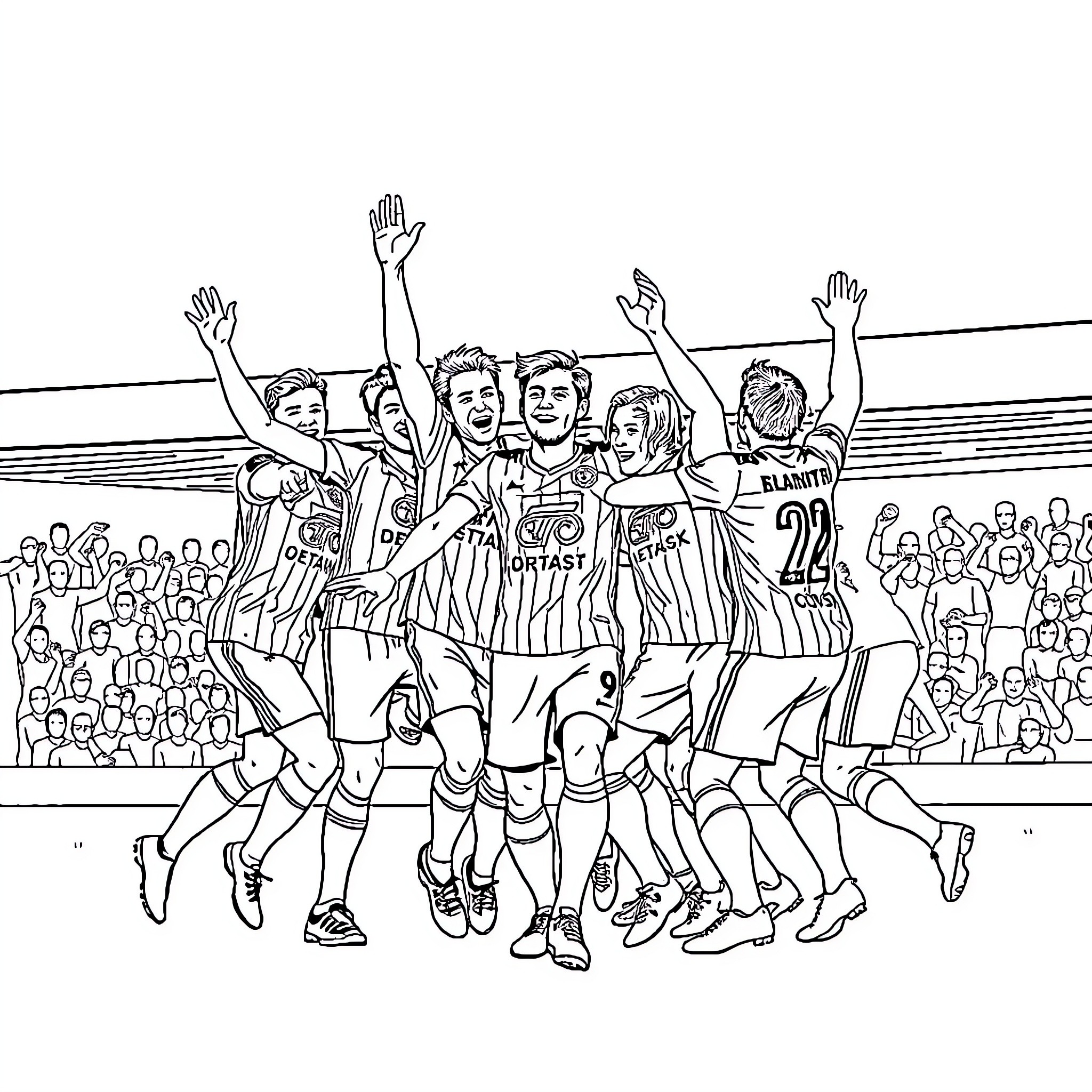 Leicester City Players Celebrating Victory on the Pitch Coloring Page (free black-and-white line drawing printable PDF for all, from beginners to advanced learners, including children, teens, adults, and seniors)