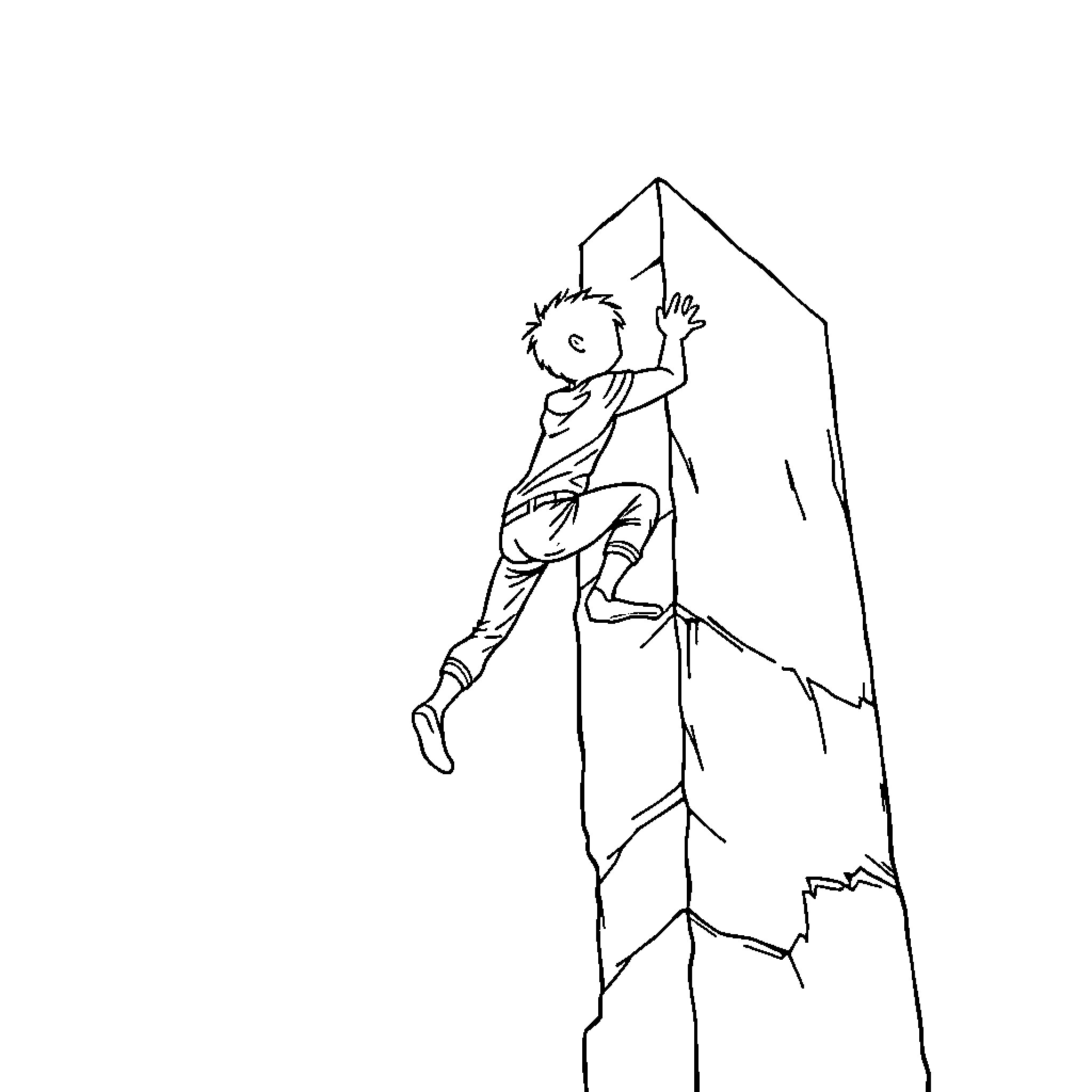 Boy scaling a rocky cliff Coloring Page (free black-and-white line drawing printable PDF for all, from beginners to advanced learners, including children, teens, adults, and seniors)