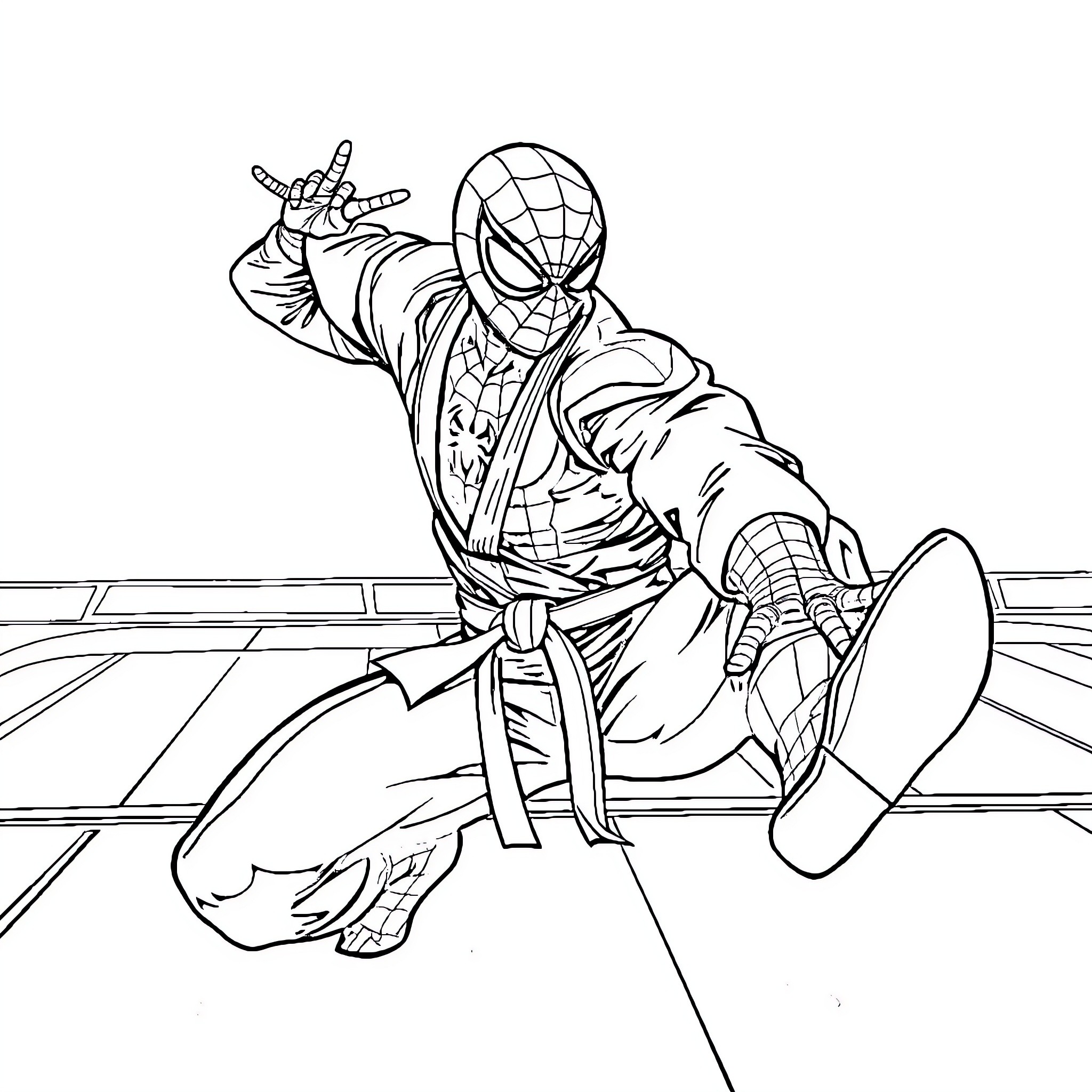 Spiderman heroically swinging into action Coloring Page (free black-and-white line drawing printable PDF for all, from beginners to advanced learners, including children, teens, adults, and seniors)