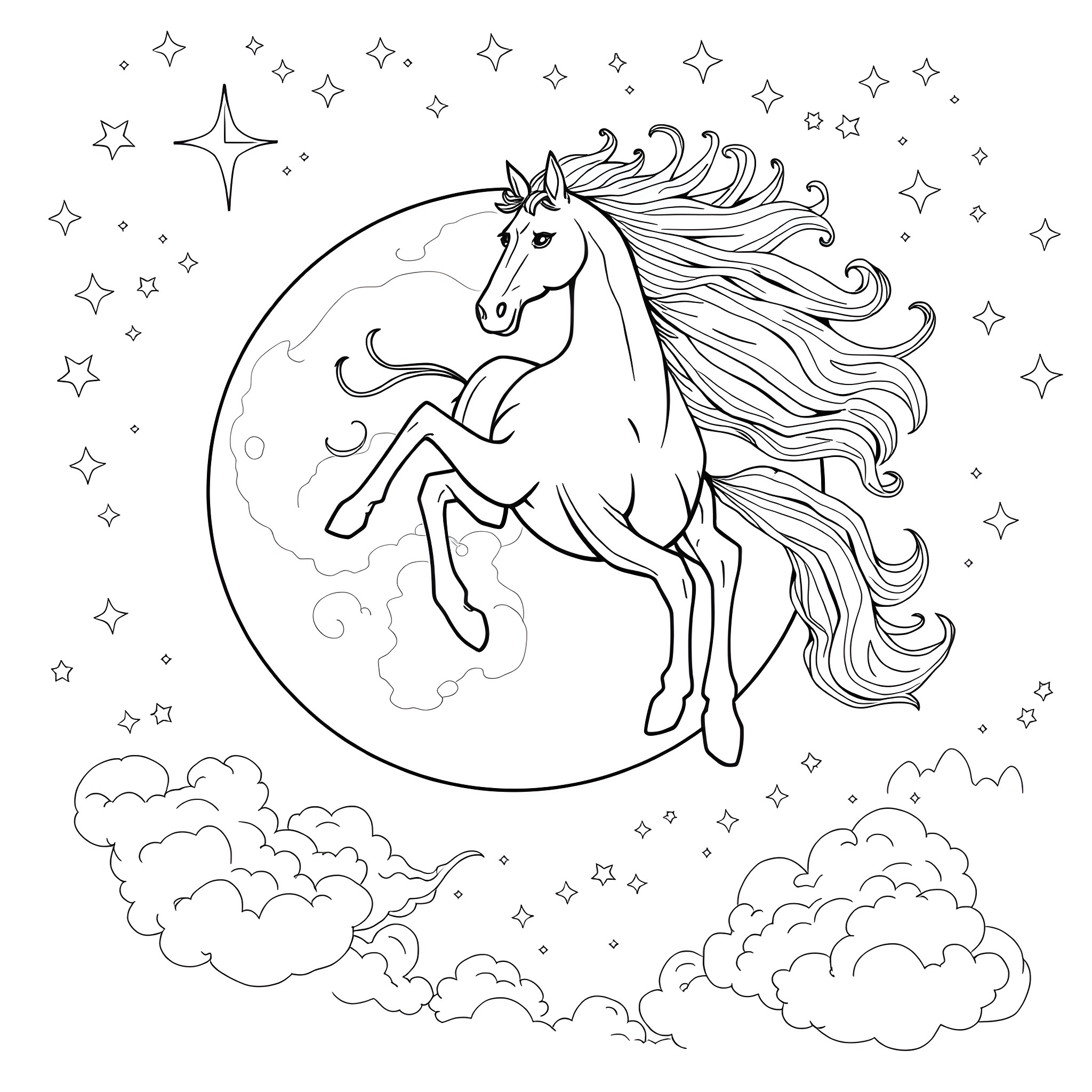 Horse galloping among stars in the night sky Coloring Page (free black-and-white line drawing printable PDF for all, from beginners to advanced learners, including children, teens, adults, and seniors)