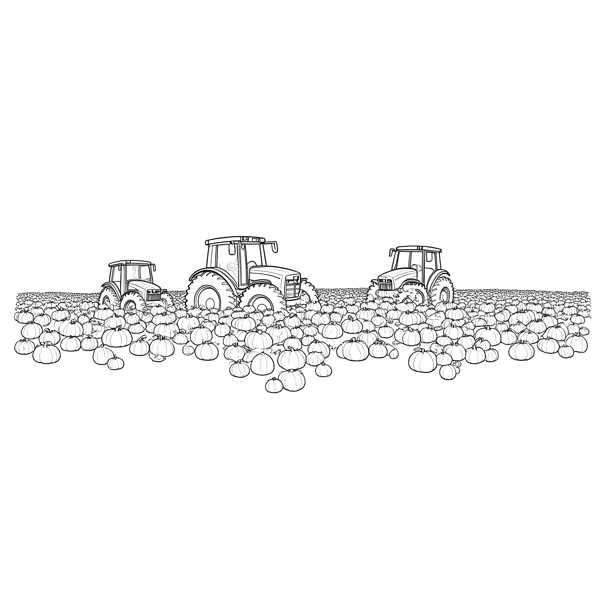 Tractors plowing through a field of pumpkins Coloring Page (free black-and-white line drawing printable PDF for all, from beginners to advanced learners, including children, teens, adults, and seniors)