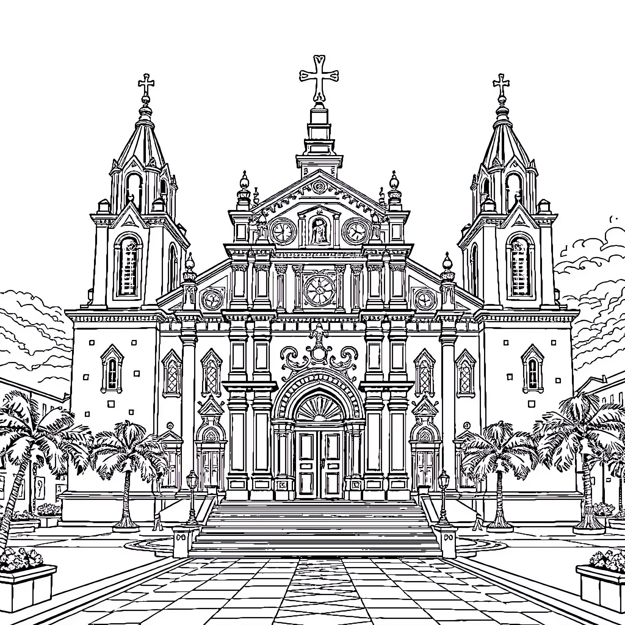 Basilica with ornate architecture and religious symbols Coloring Page (free black-and-white line drawing printable PDF for all, from beginners to advanced learners, including children, teens, adults, and seniors)