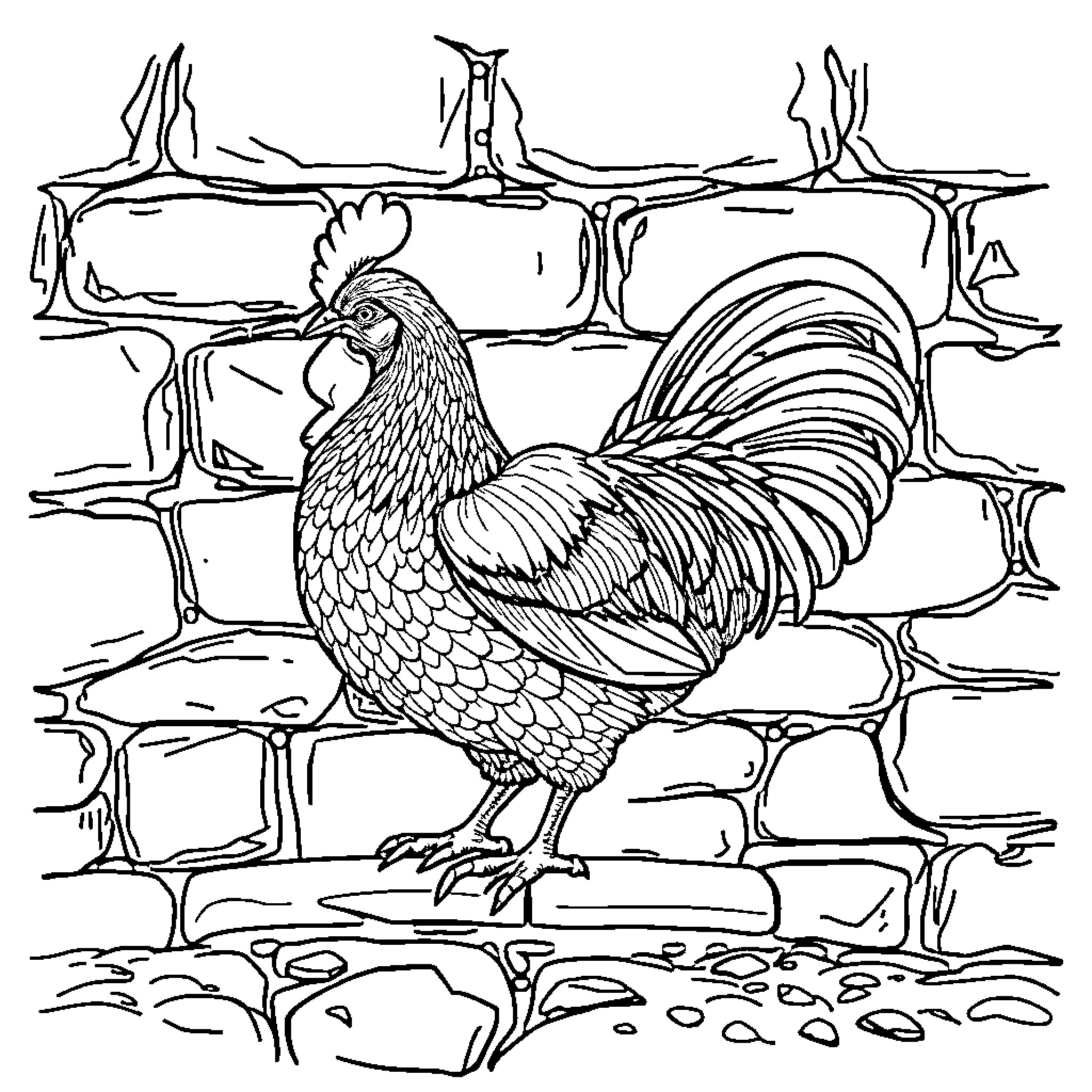 Chicken exploring a rocky landscape Coloring Page (free black-and-white line drawing printable PDF for all, from beginners to advanced learners, including children, teens, adults, and seniors)