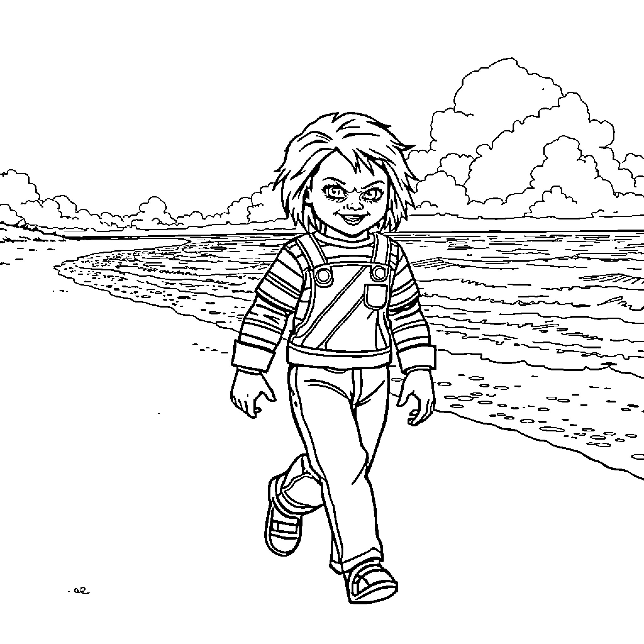 Chucky's Coastal Capers Coloring Page (free black-and-white line drawing printable PDF for all, from beginners to advanced learners, including children, teens, adults, and seniors)