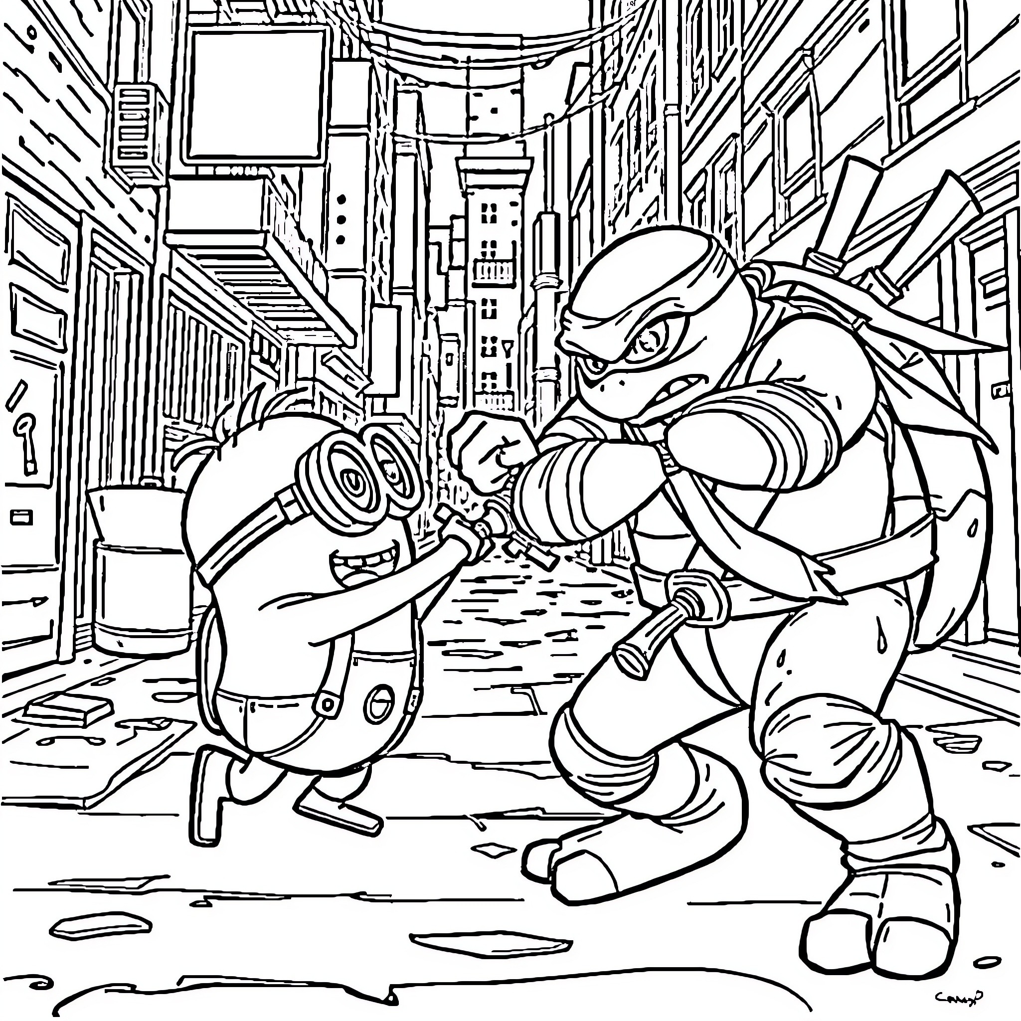 Minion chase scene in a busy city street Coloring Page (free black-and-white line drawing printable PDF for all, from beginners to advanced learners, including children, teens, adults, and seniors)