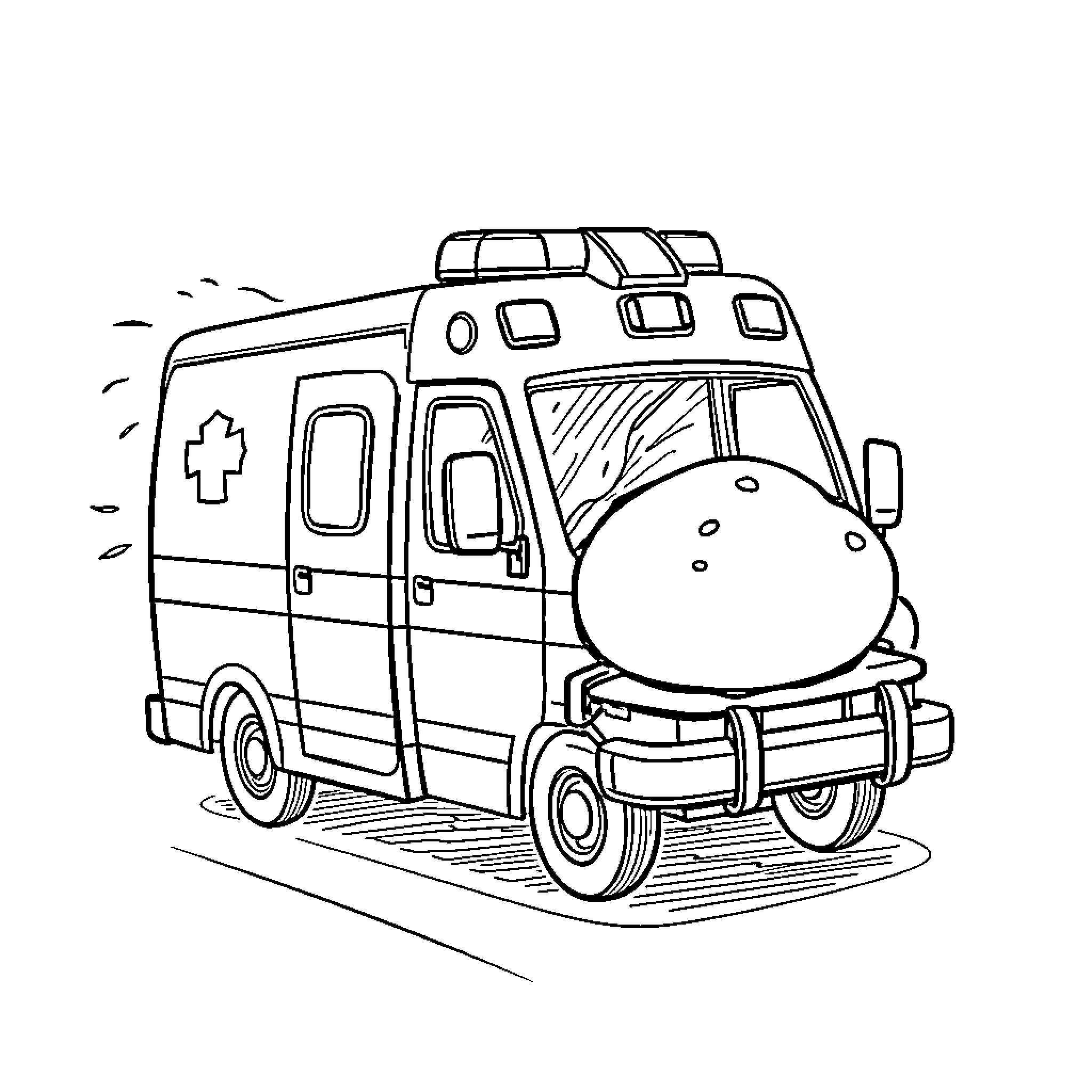 Ambulance rushing to emergency scene Coloring Page (free black-and-white line drawing printable PDF for all, from beginners to advanced learners, including children, teens, adults, and seniors)
