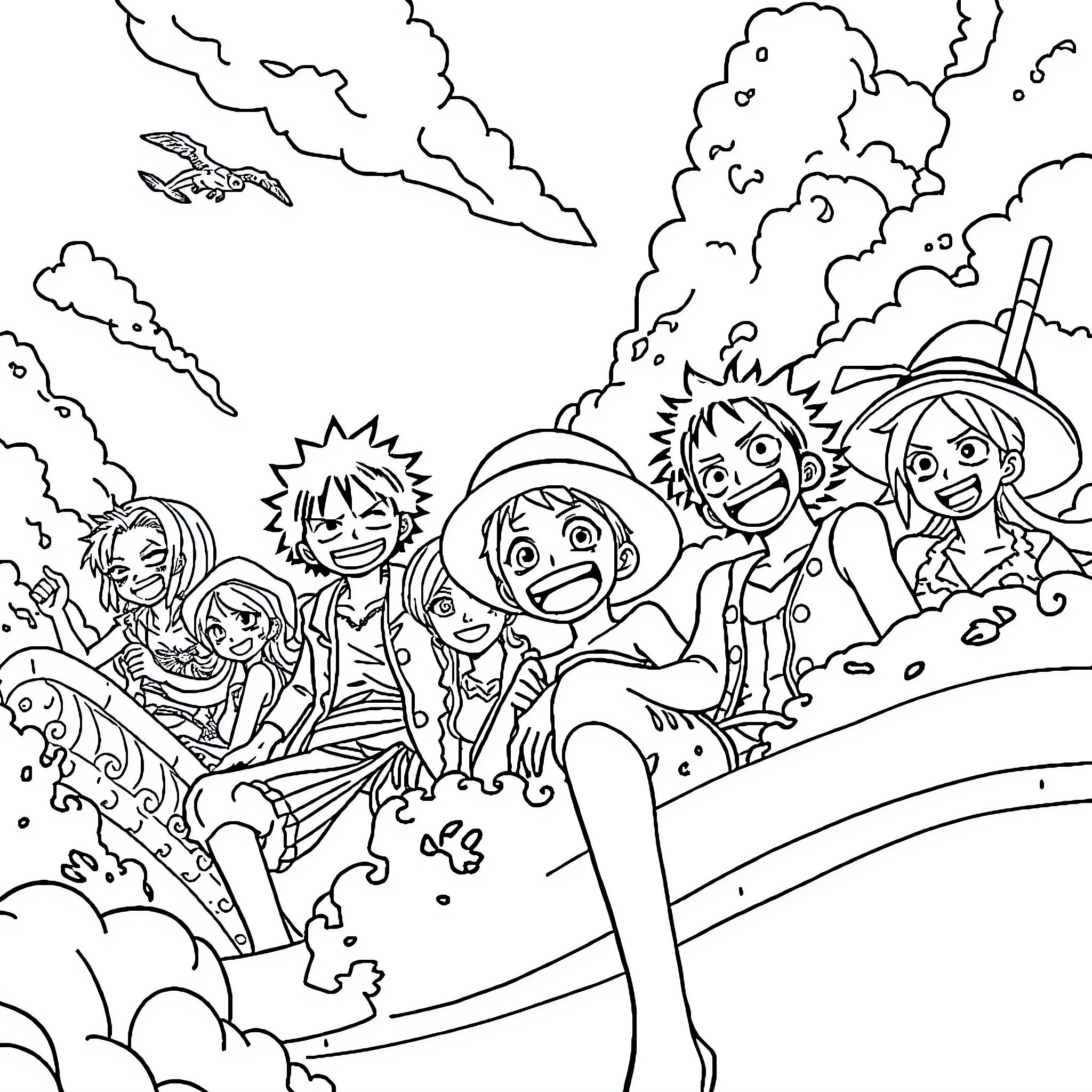 One Piece: Group of friends on an adventure Coloring Page (free black-and-white line drawing printable PDF for all, from beginners to advanced learners, including children, teens, adults, and seniors)