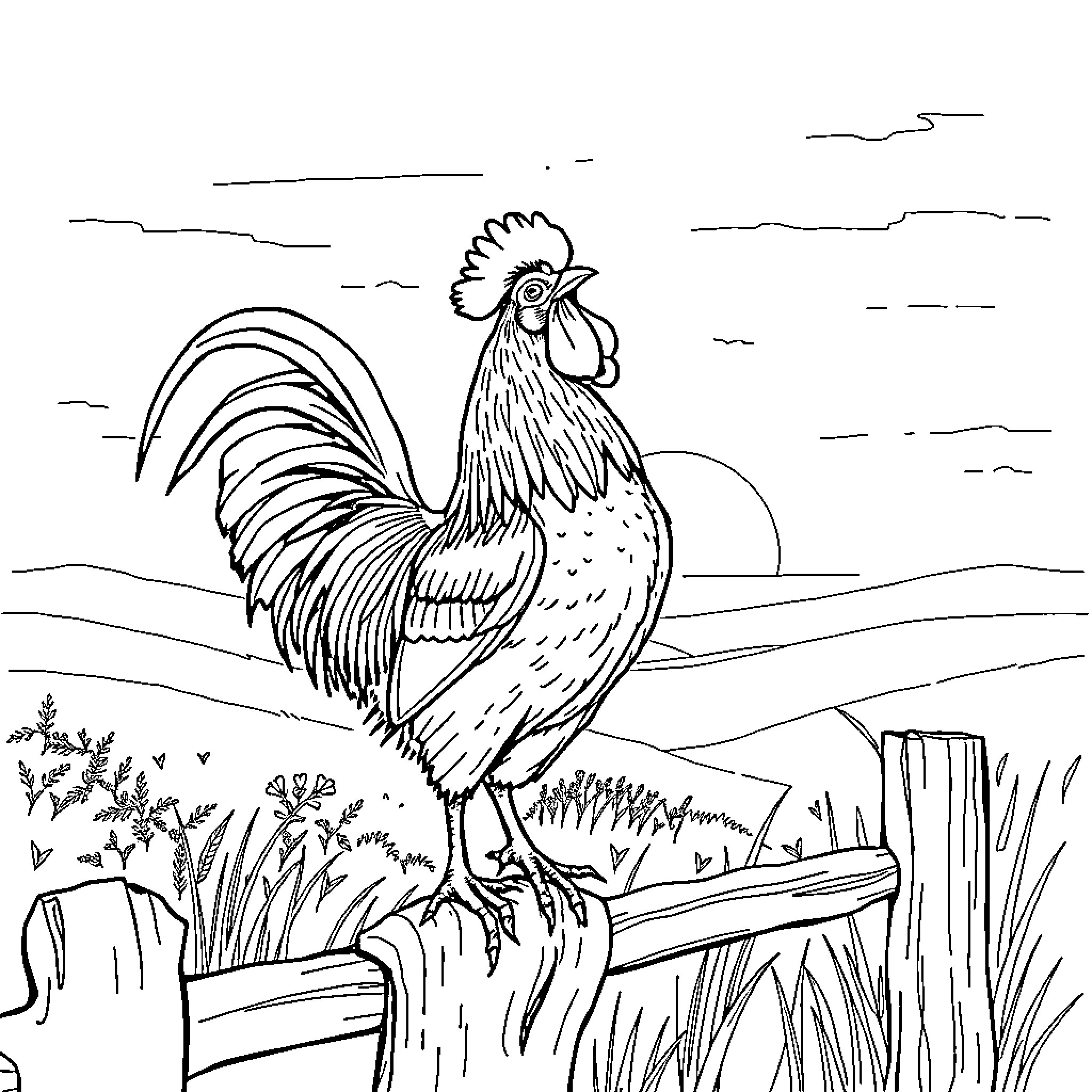 Rooster standing proudly on a wooden fence Coloring Page (free black-and-white line drawing printable PDF for all, from beginners to advanced learners, including children, teens, adults, and seniors)