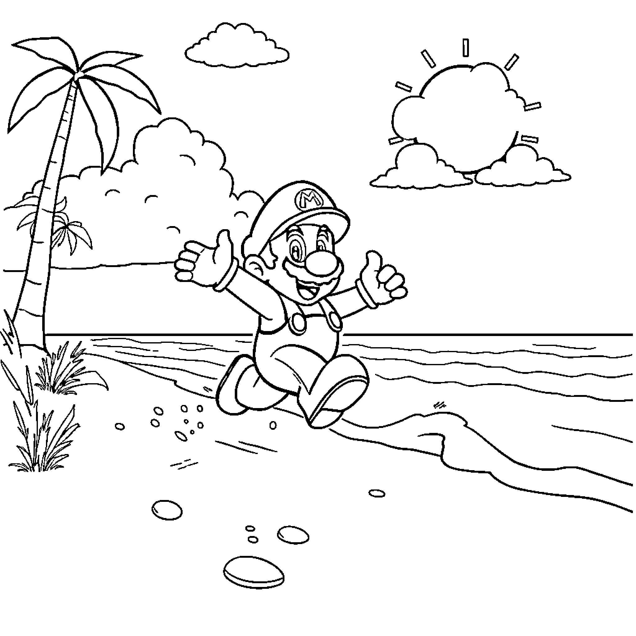 Super Mario Jumping Joyfully on a Tropical Beach Coloring Page (free black-and-white line drawing printable PDF for all, from beginners to advanced learners, including children, teens, adults, and seniors)