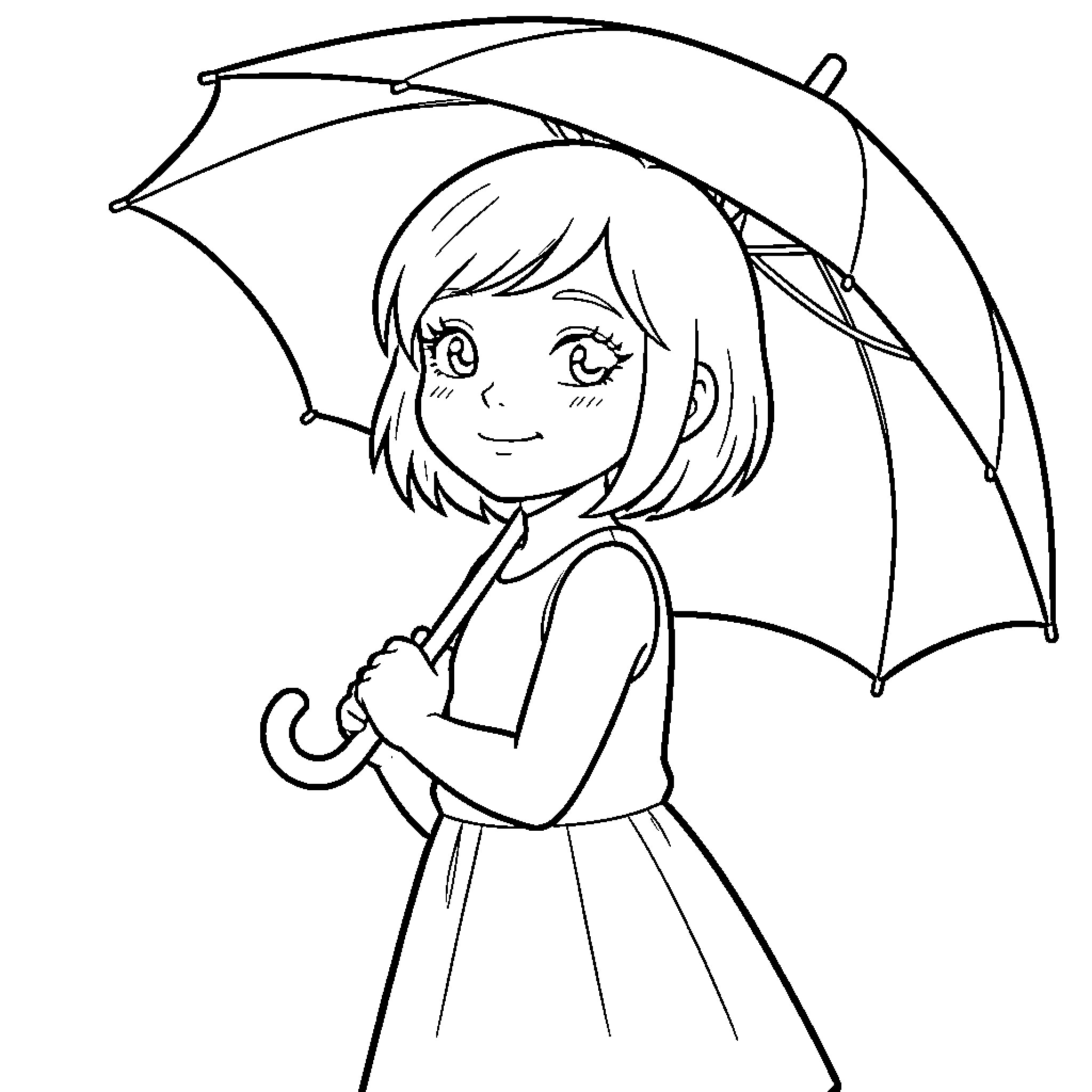 Fille smiling while holding an umbrella Coloring Page (free black-and-white line drawing printable PDF for all, from beginners to advanced learners, including children, teens, adults, and seniors)