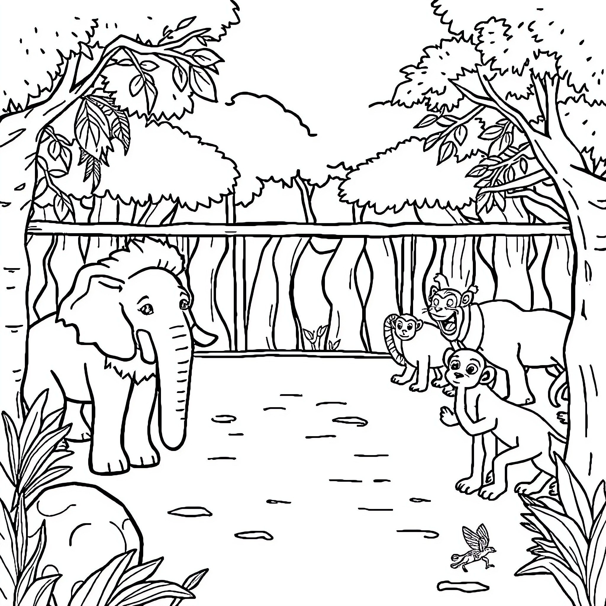Zoo Animal Exhibit in Lush Forest Setting Coloring Page (free black-and-white line drawing printable PDF for all, from beginners to advanced learners, including children, teens, adults, and seniors)