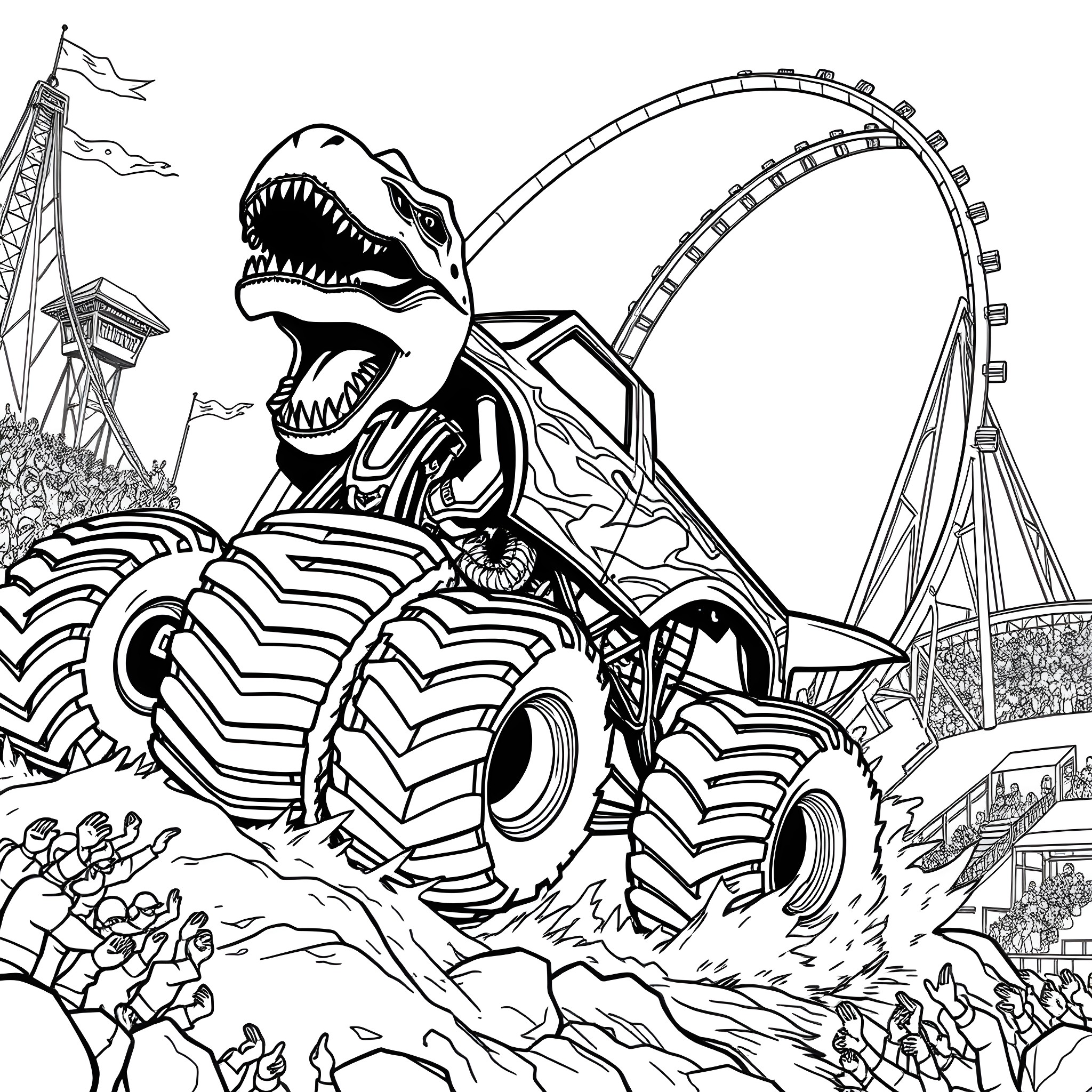Monster Truck Terrorizing Amusement Park Riders Coloring Page (free black-and-white line drawing printable PDF for all, from beginners to advanced learners, including children, teens, adults, and seniors)