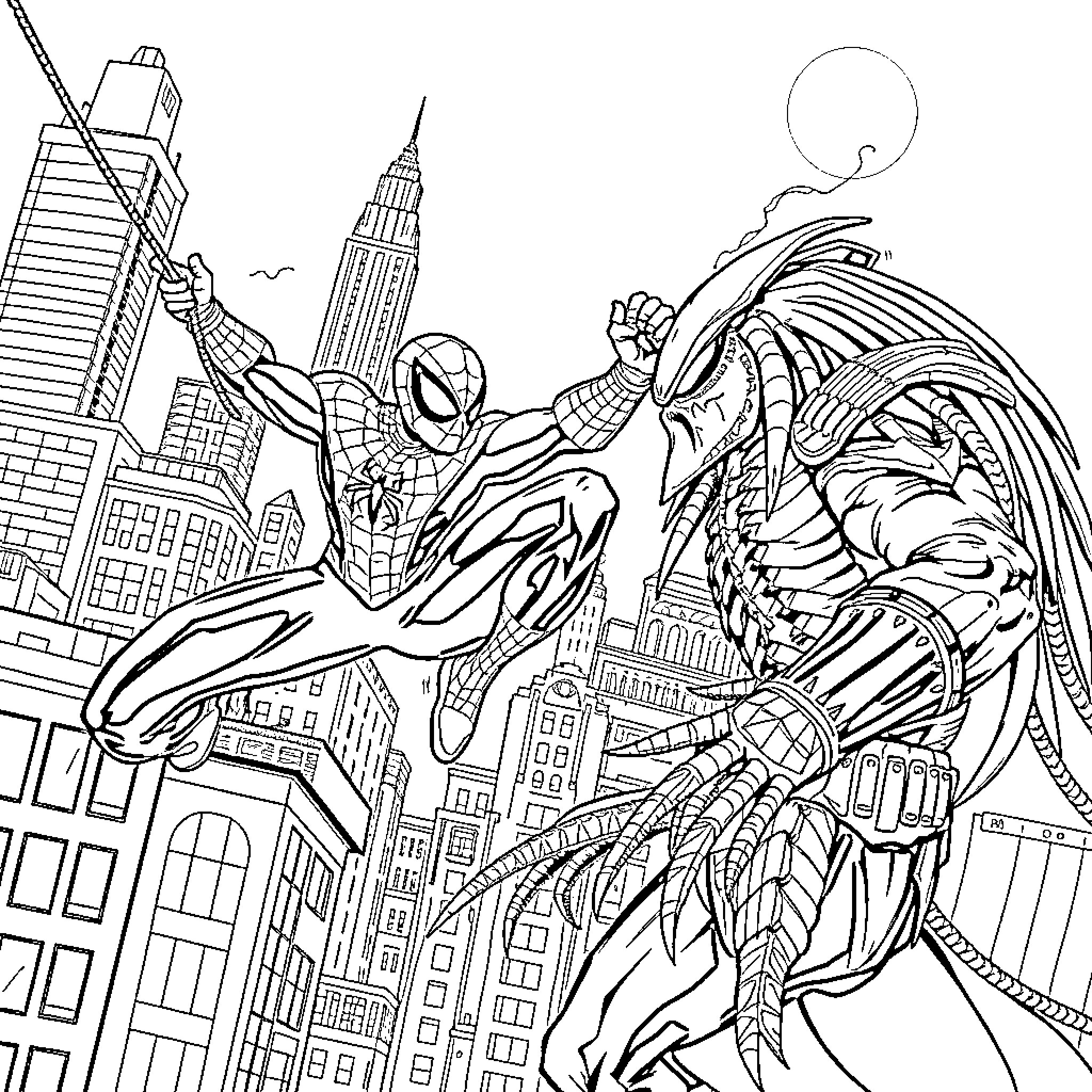 Spider-Man swinging through the city with a fierce villain Coloring Page (free black-and-white line drawing printable PDF for all, from beginners to advanced learners, including children, teens, adults, and seniors)