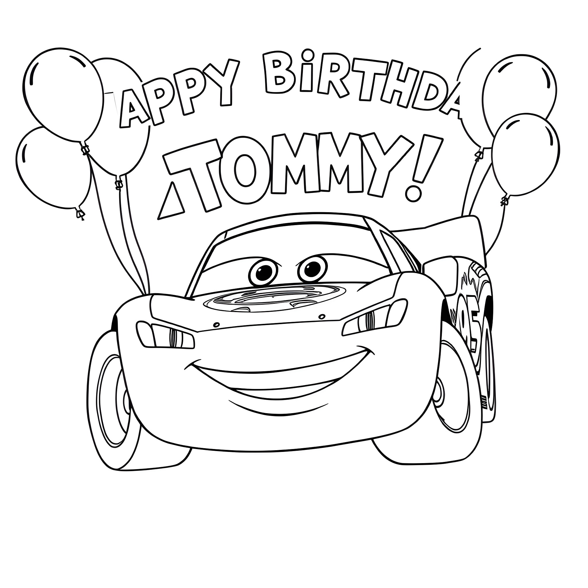 Lightning McQueen celebrating Tommy's birthday with balloons Coloring Page (free black-and-white line drawing printable PDF for all, from beginners to advanced learners, including children, teens, adults, and seniors)